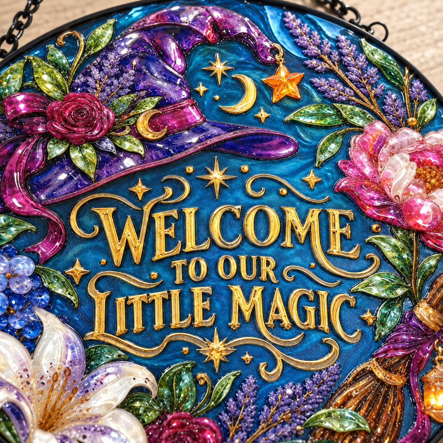 UV relief macro detail of Welcome to Our Little Magic round hanging art