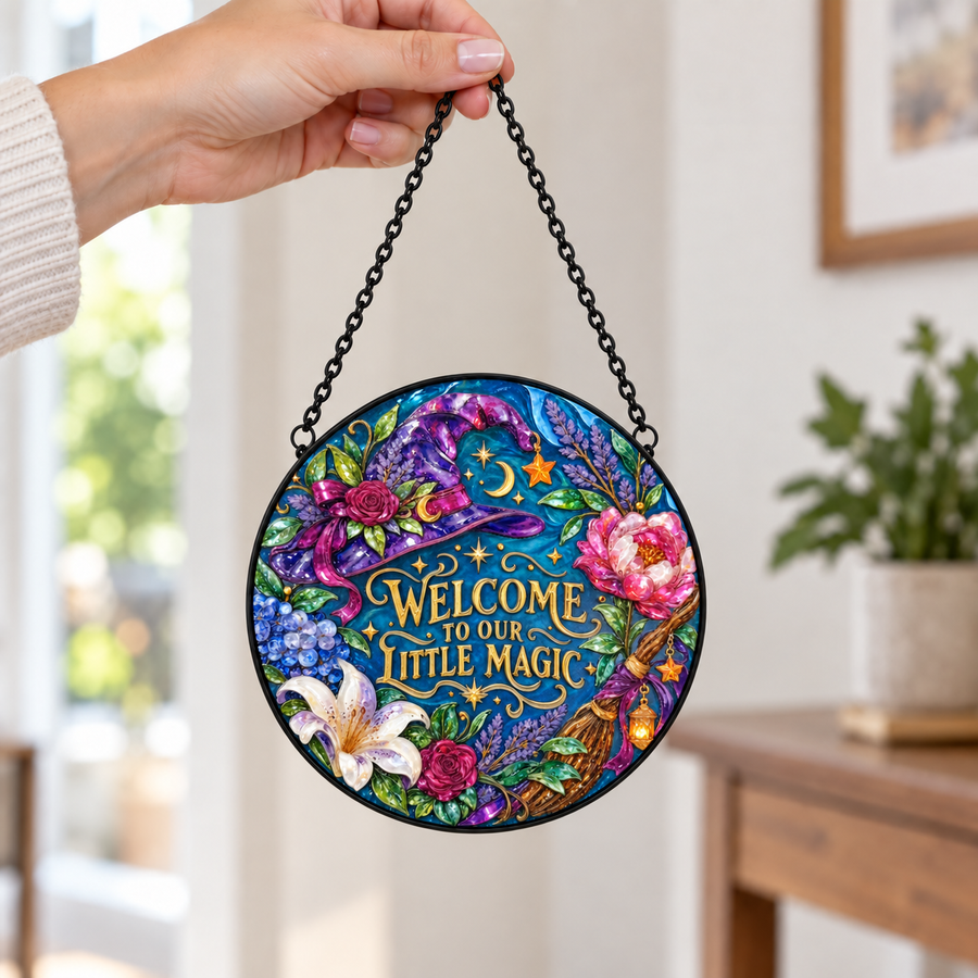Handheld size view of Welcome to Our Little Magic round hanging art