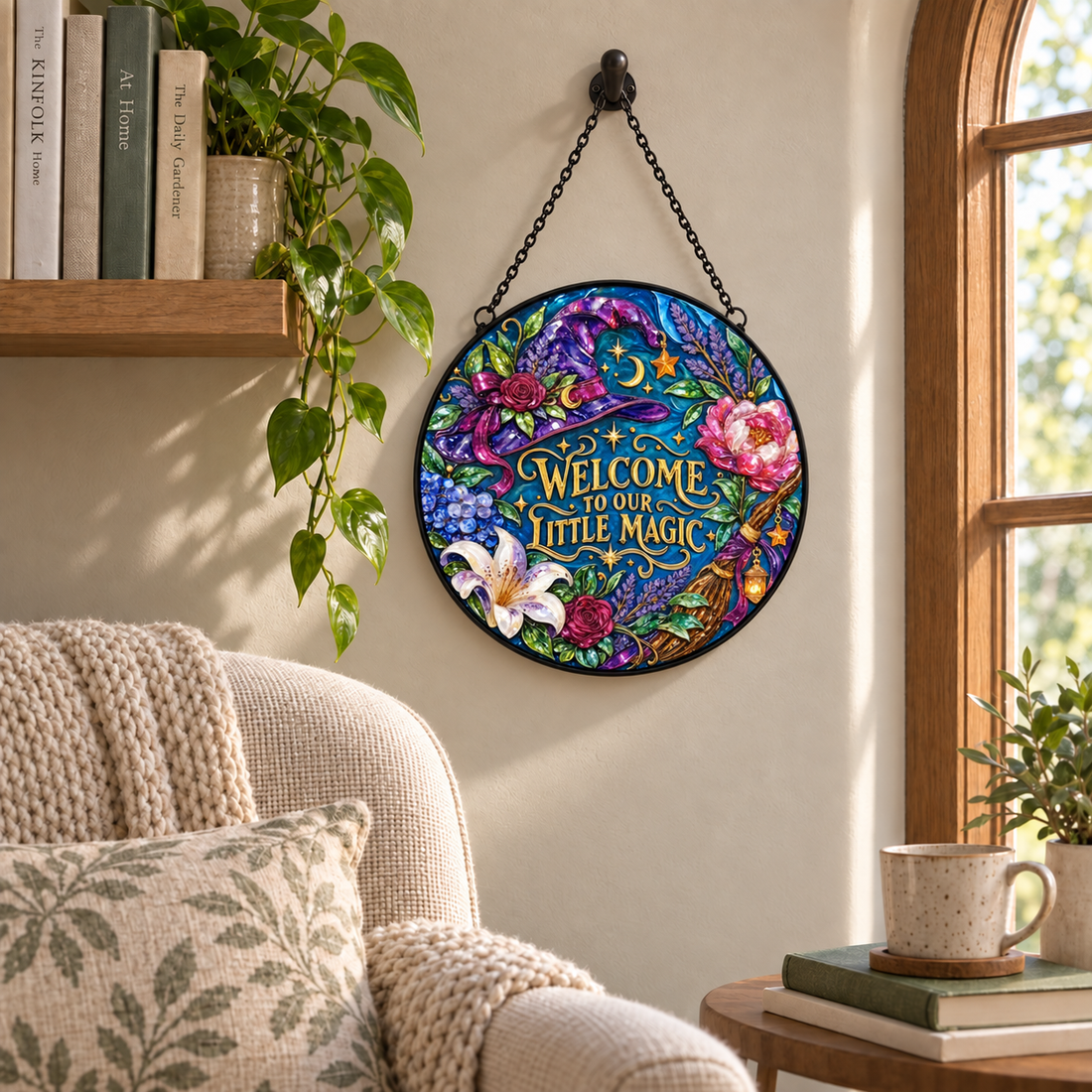 Indoor window display of Welcome to Our Little Magic round hanging art