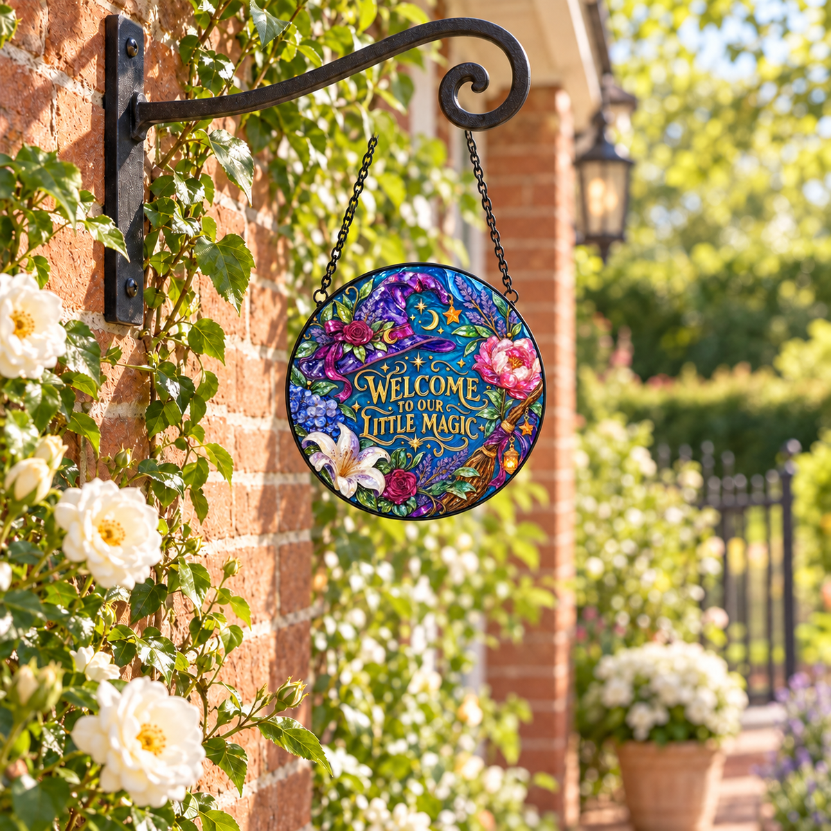 Garden display of Welcome to Our Little Magic round hanging art