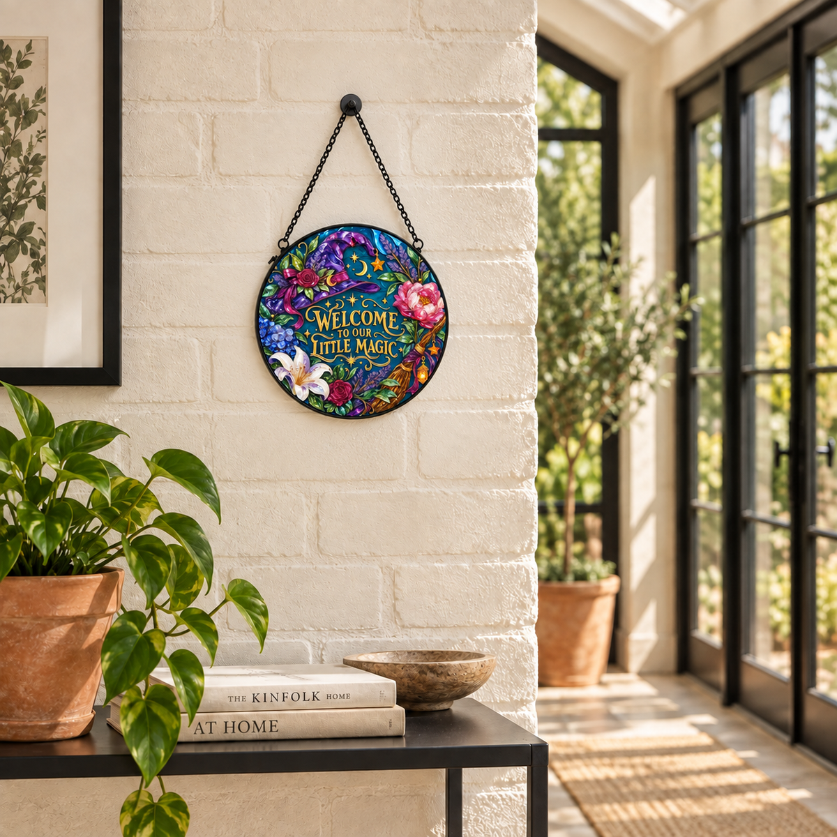 Indoor landing display of Welcome to Our Little Magic round hanging art