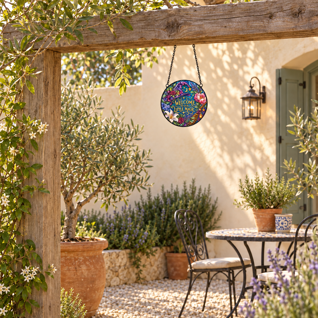 Wide outdoor display of Welcome to Our Little Magic round hanging art