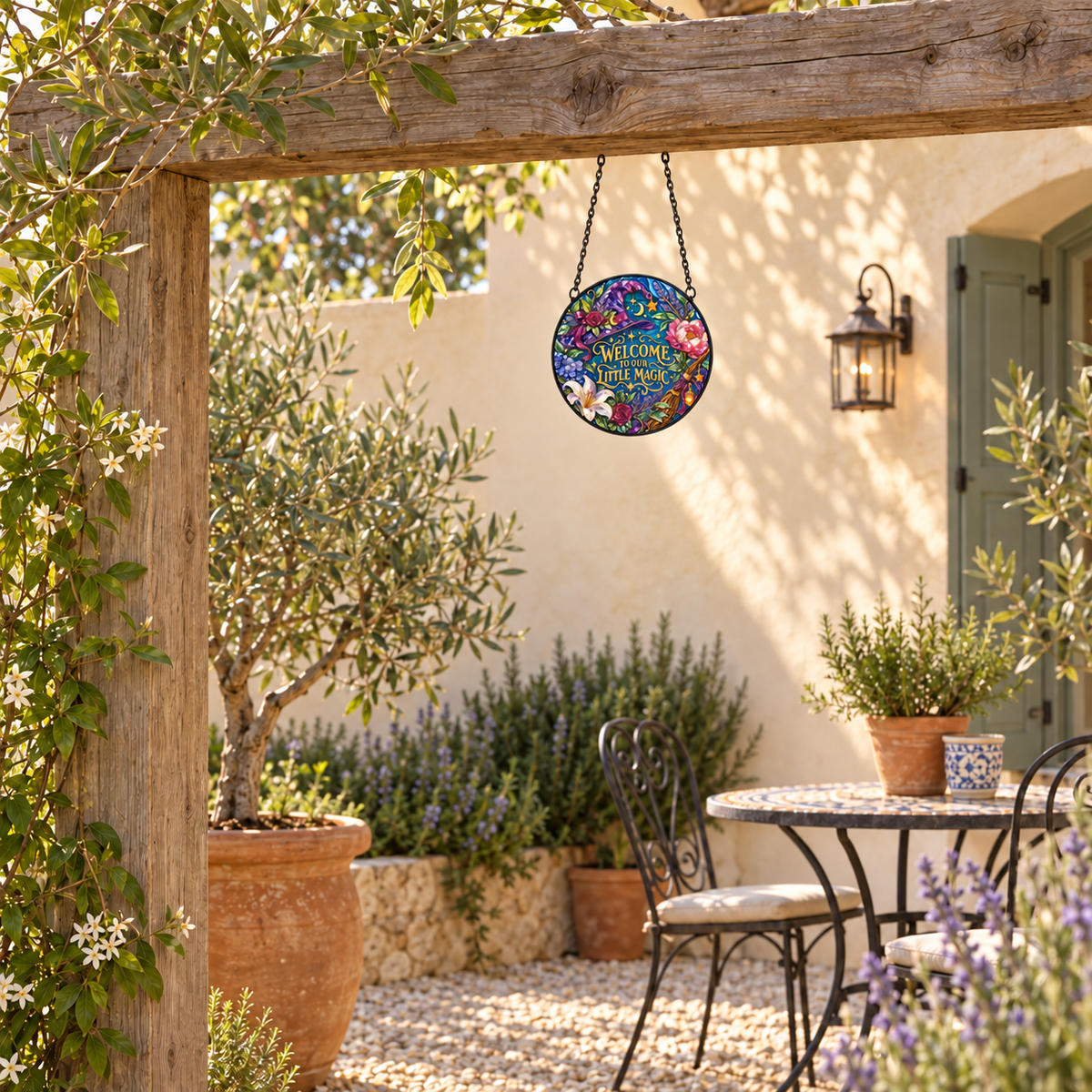 Wide outdoor display of Welcome to Our Little Magic round hanging art