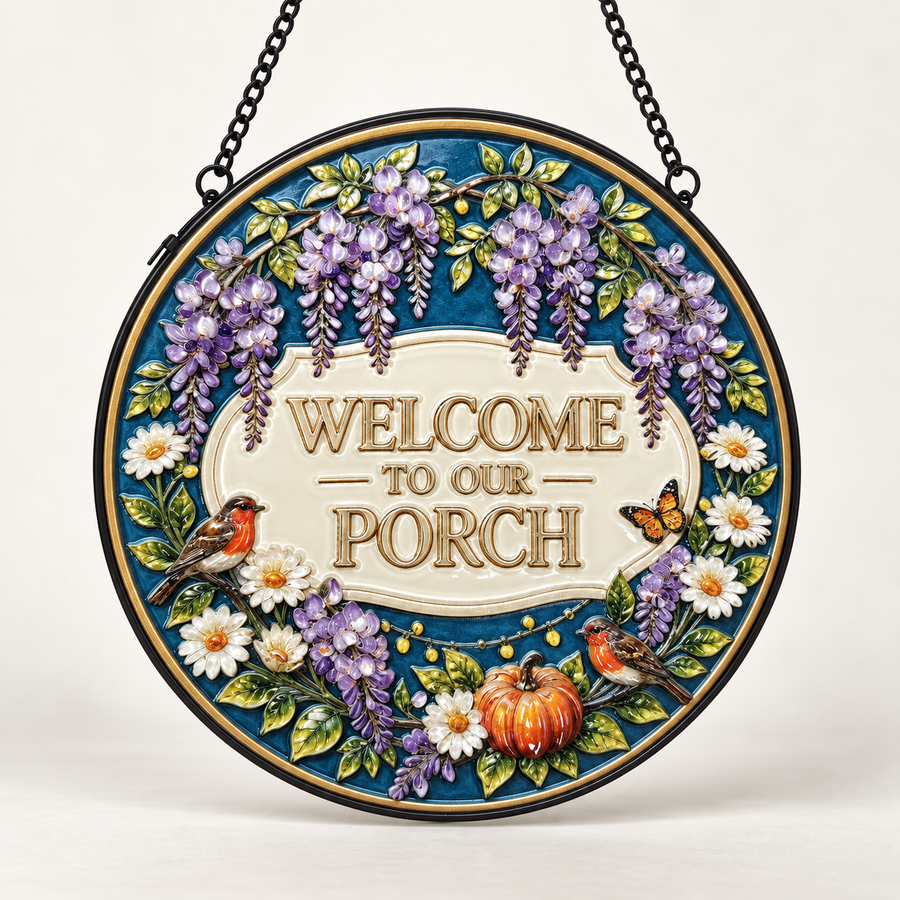 Front view of Welcome to Our Porch round hanging art