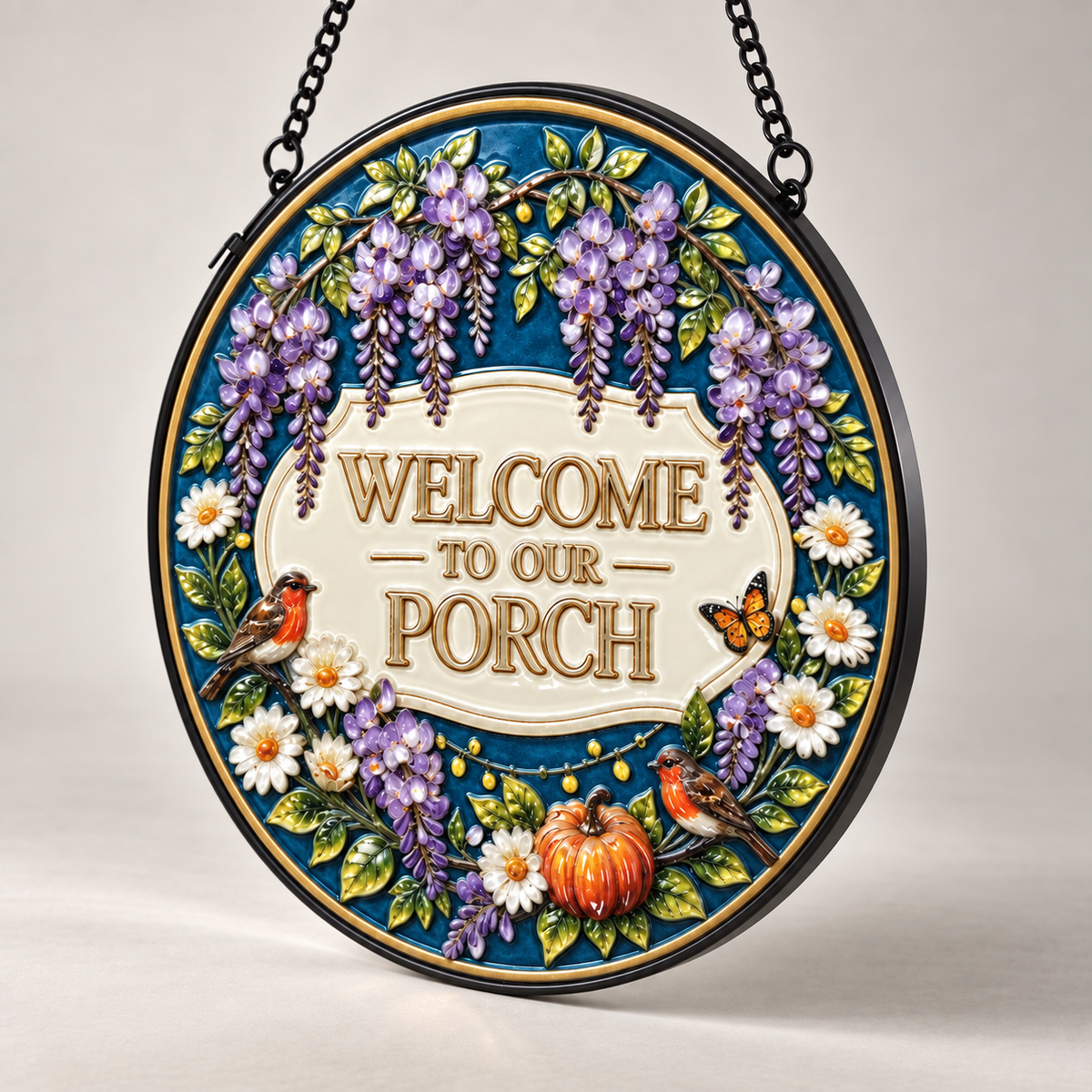 Angled view of Welcome to Our Porch round hanging art