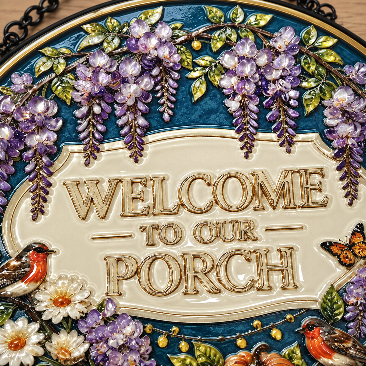 UV relief macro detail of Welcome to Our Porch round hanging art