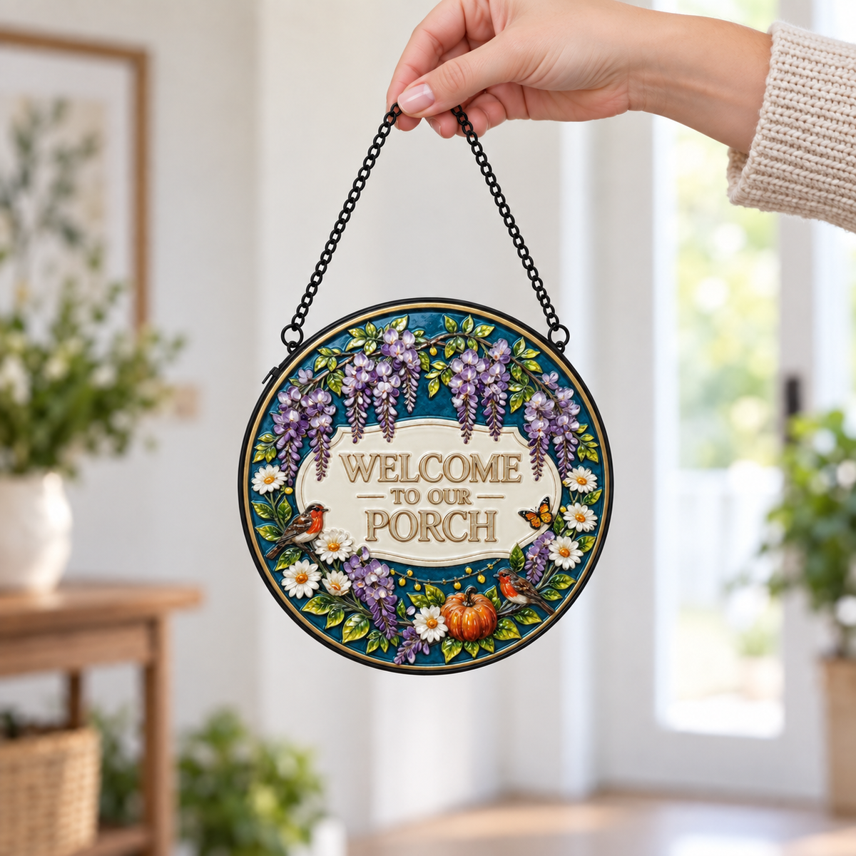 Handheld size view of Welcome to Our Porch round hanging art