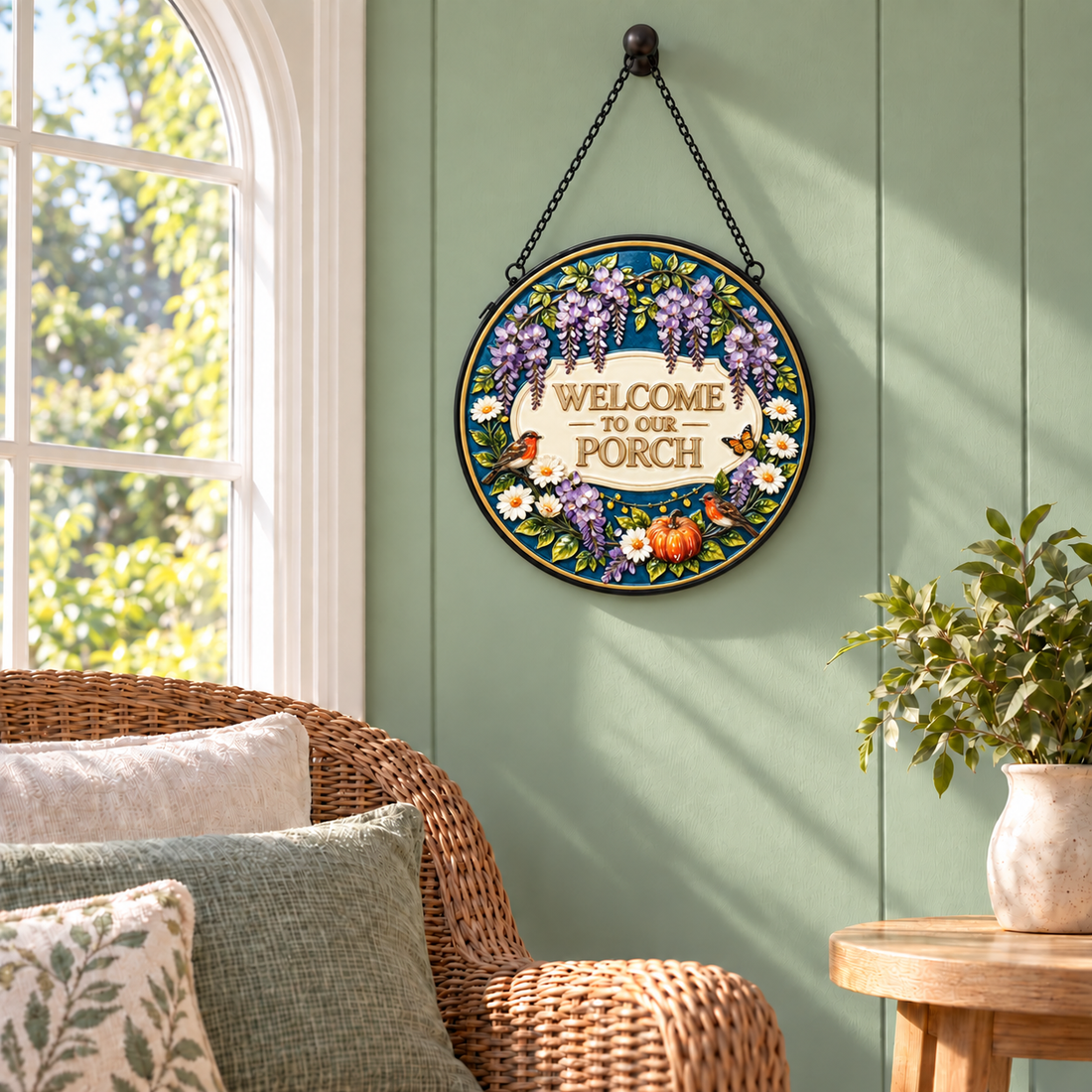 Indoor window display of Welcome to Our Porch round hanging art
