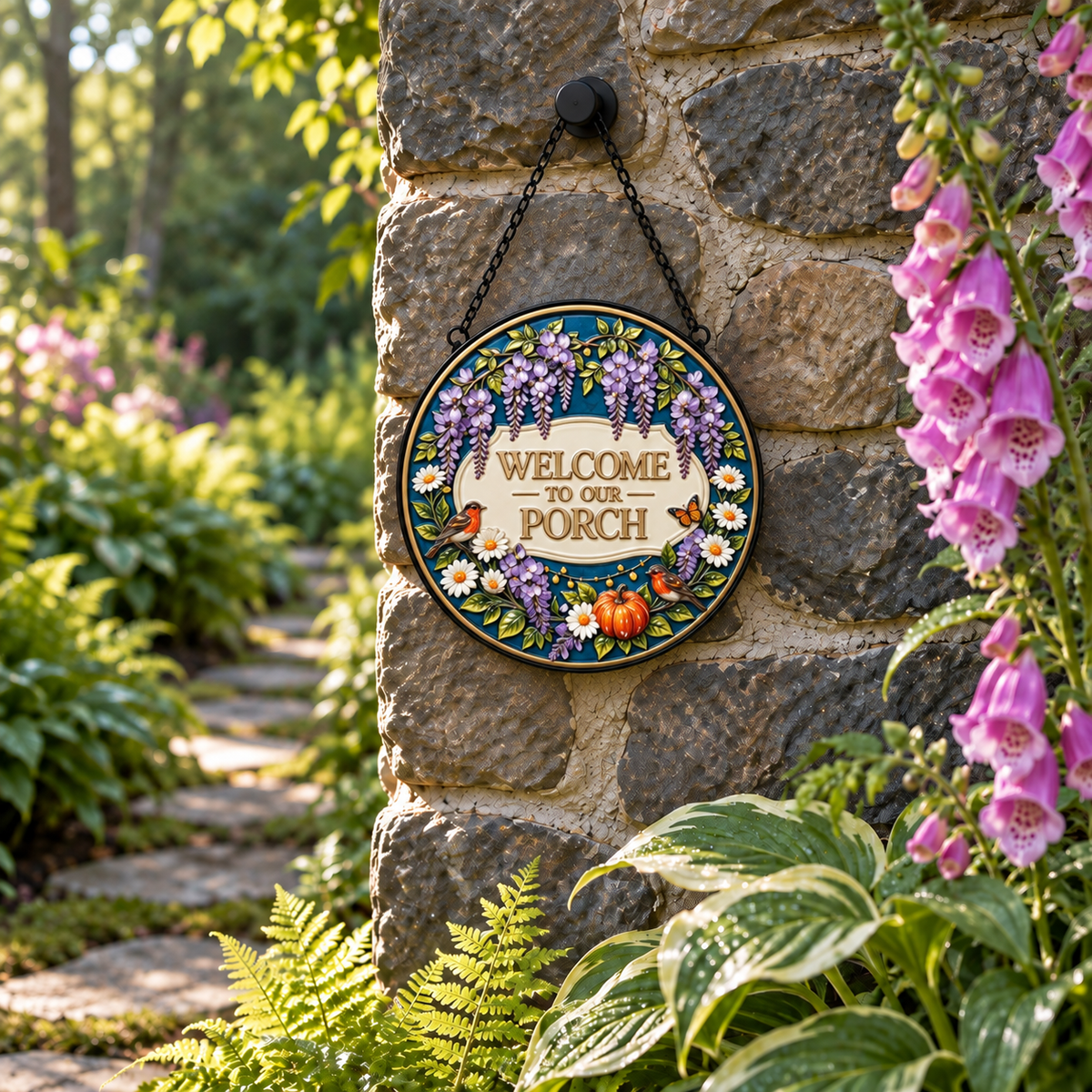 Garden display of Welcome to Our Porch round hanging art