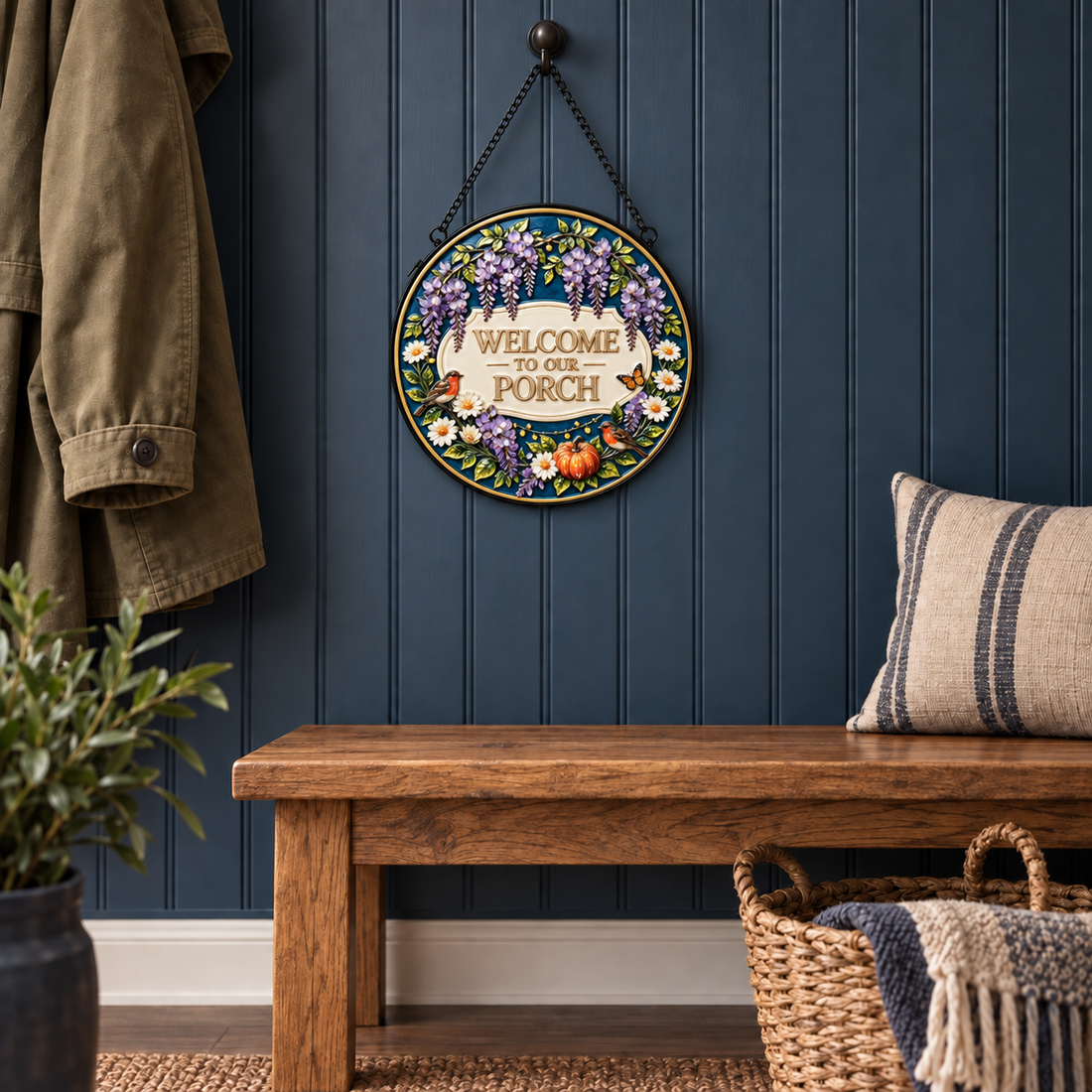 Indoor landing display of Welcome to Our Porch round hanging art
