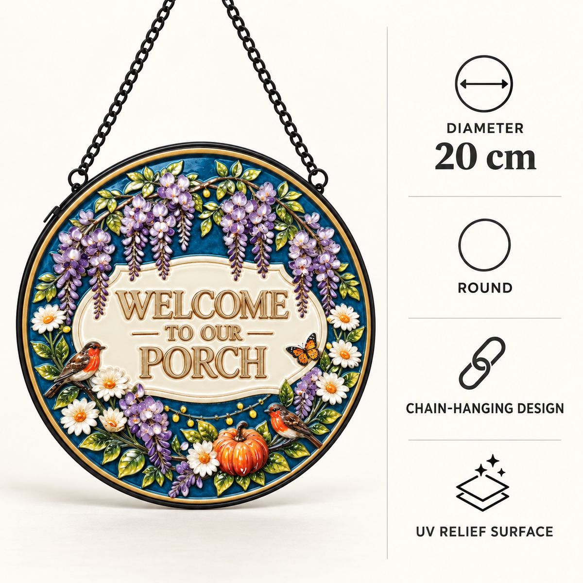 20 cm specifications of Welcome to Our Porch round hanging art