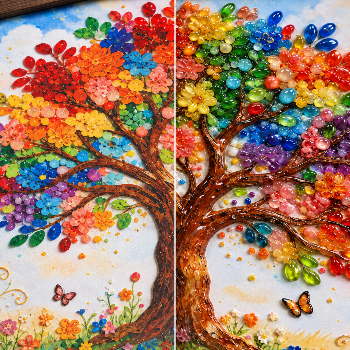 Illustrative Tree of Life close-up: flat printed detail on the left and transparent raised UV relief on the right.