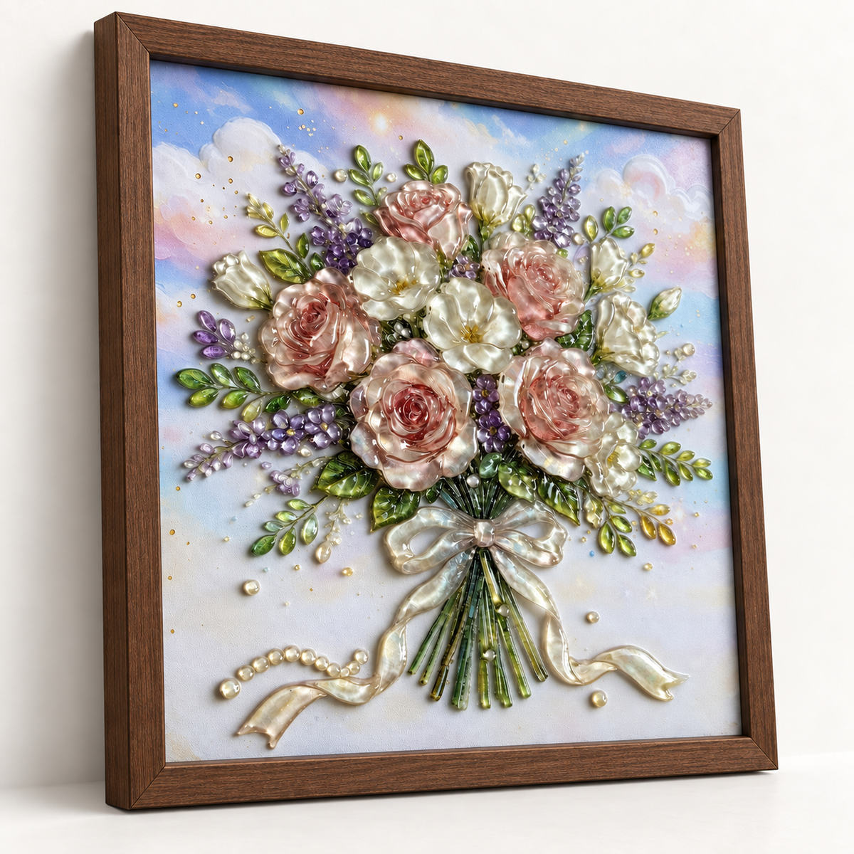 Rose Bouquet framed UV-relief art — 02 relief angle walnut