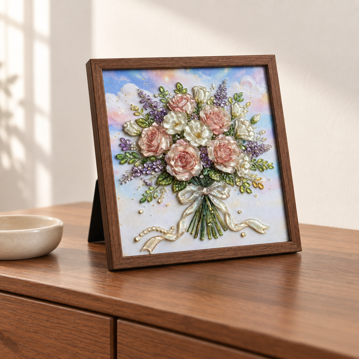 Rose Bouquet framed UV-relief art — 04 tabletop close