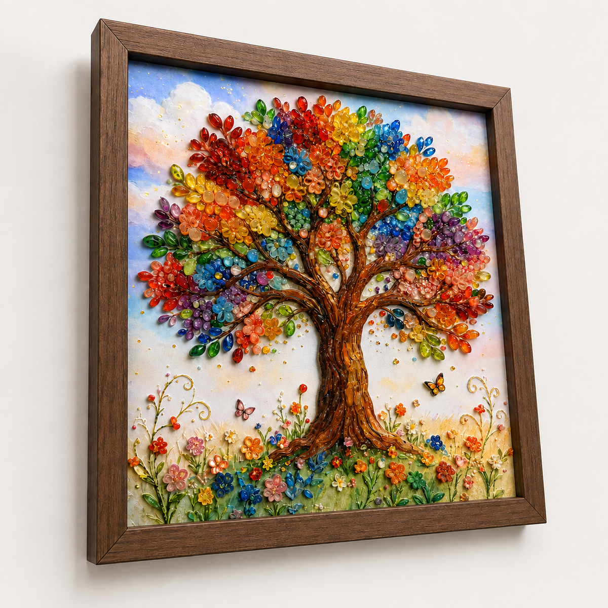 Tree of Life UV-relief glass art in a light walnut wood frame, angled studio view