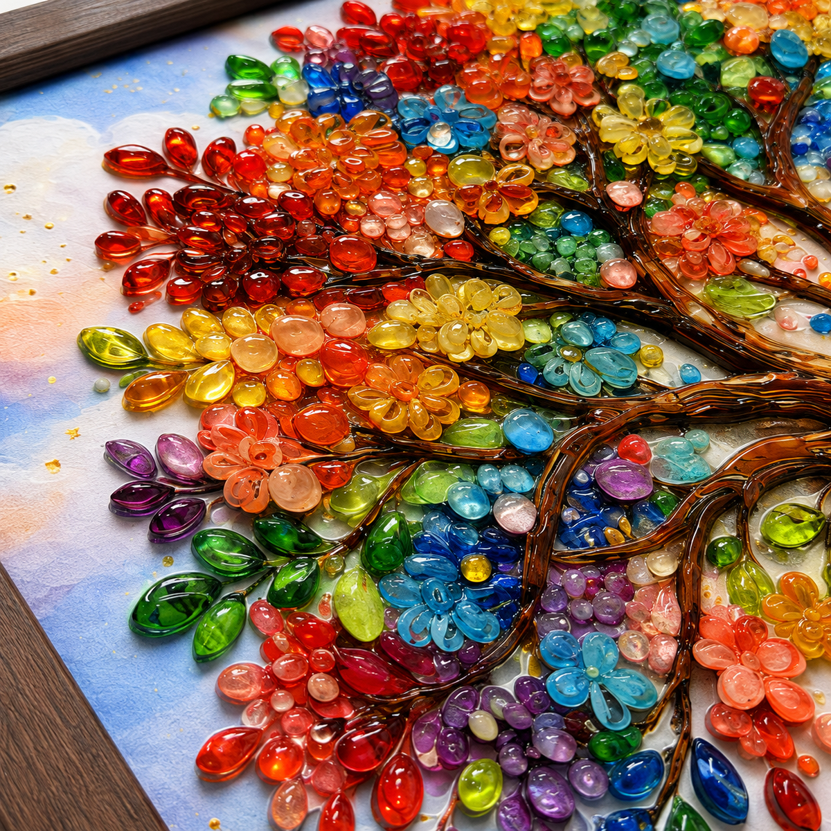 Close detail of the raised colorful UV relief on Tree of Life glass art