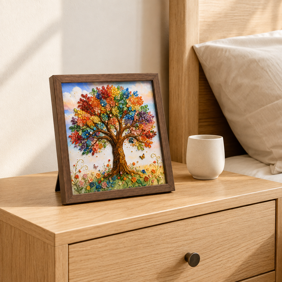Tree of Life light walnut framed art displayed on a bedroom table