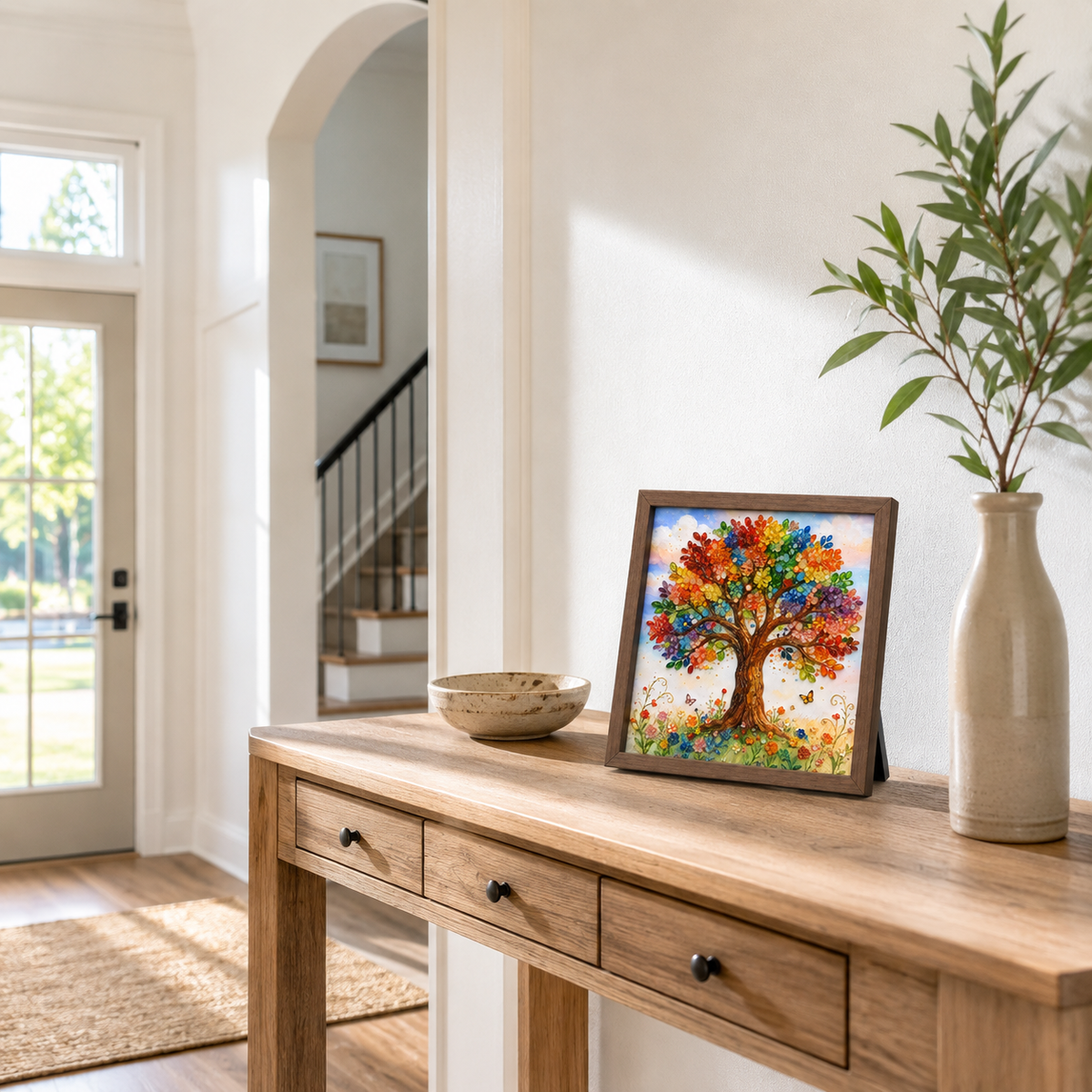 Tree of Life light walnut framed art displayed on an entryway console