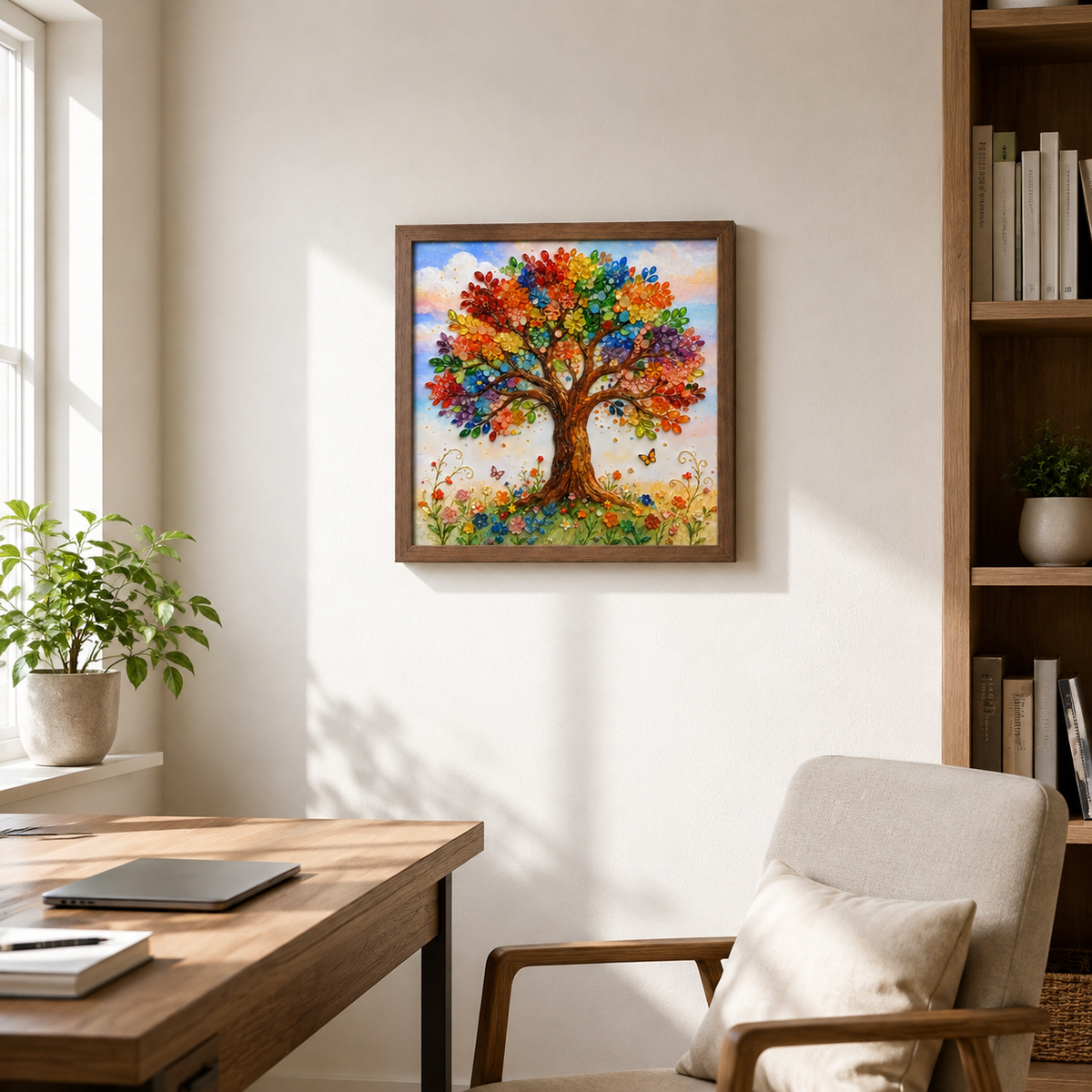 Tree of Life light walnut framed art mounted in a bright home office