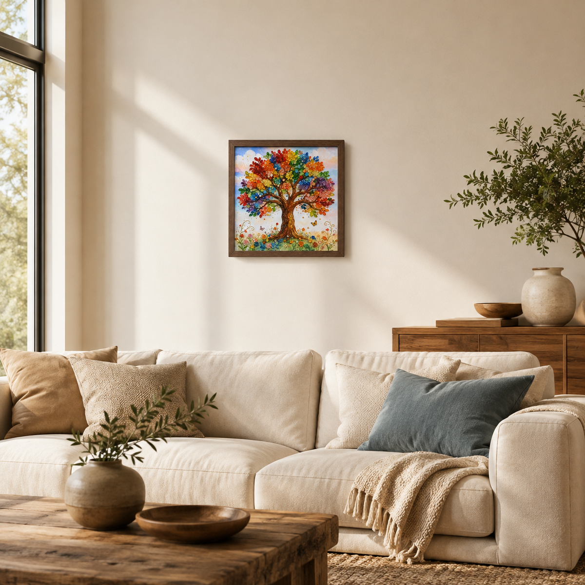 Tree of Life light walnut framed art mounted above a living room sofa