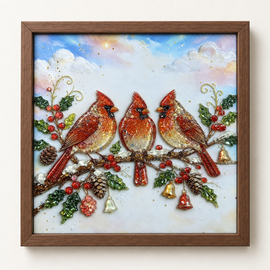 Winter Cardinals framed UV-relief art — front studio view