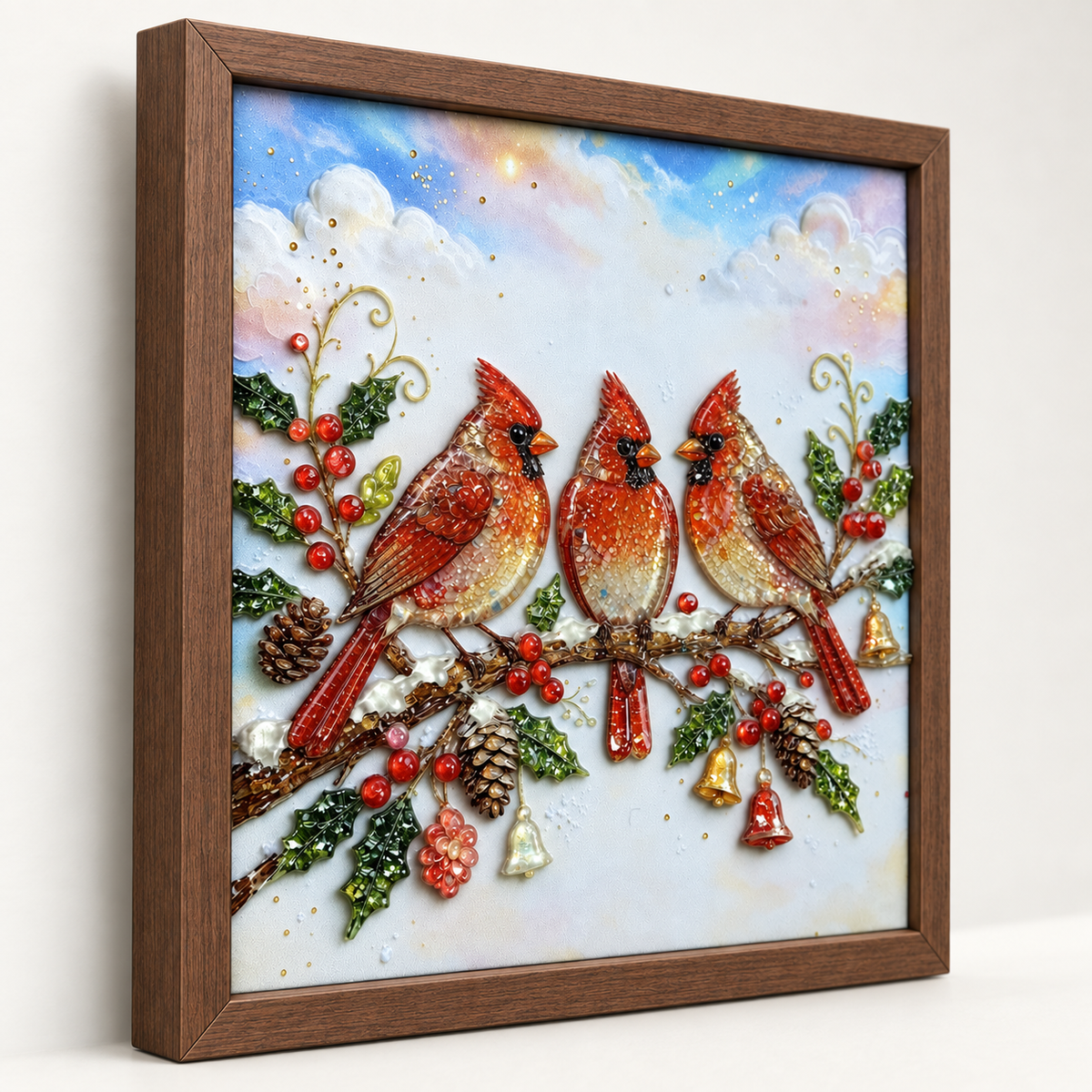 Winter Cardinals framed UV-relief art — 02 angle walnut