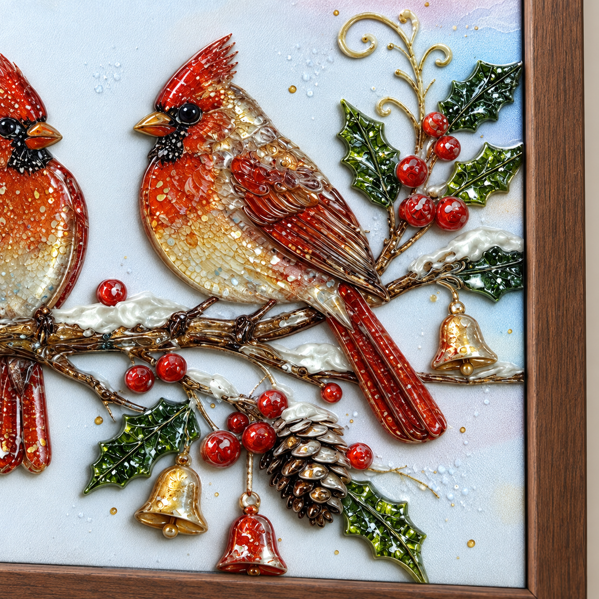 Winter Cardinals framed UV-relief art — 05 relief detail cardinal right