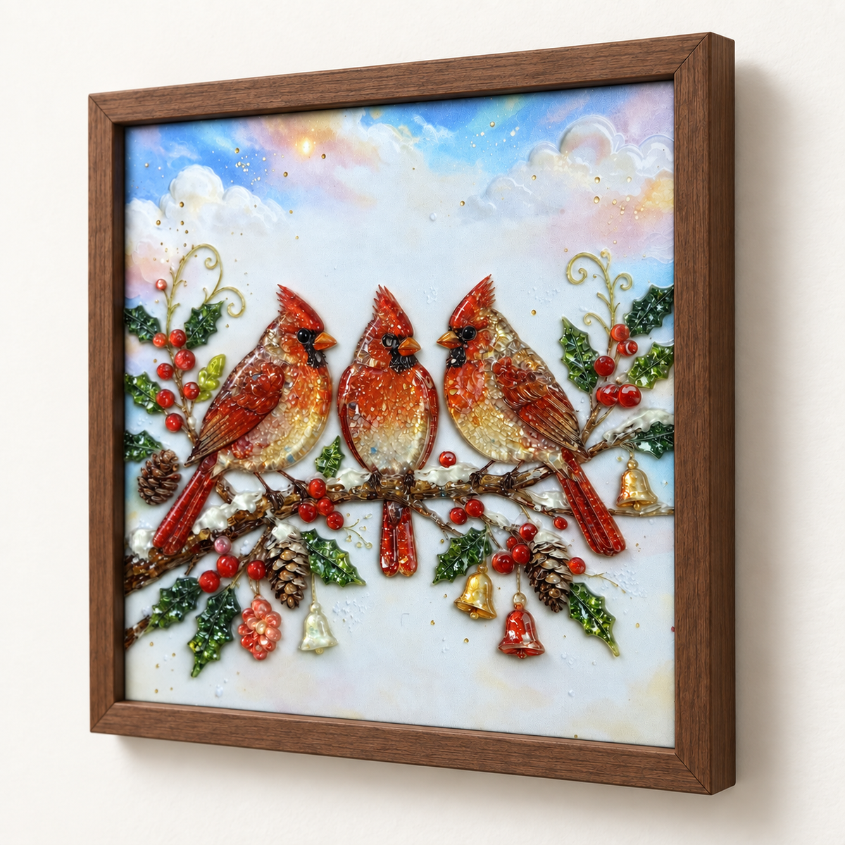 Winter Cardinals framed UV-relief art — 06 frame depth right