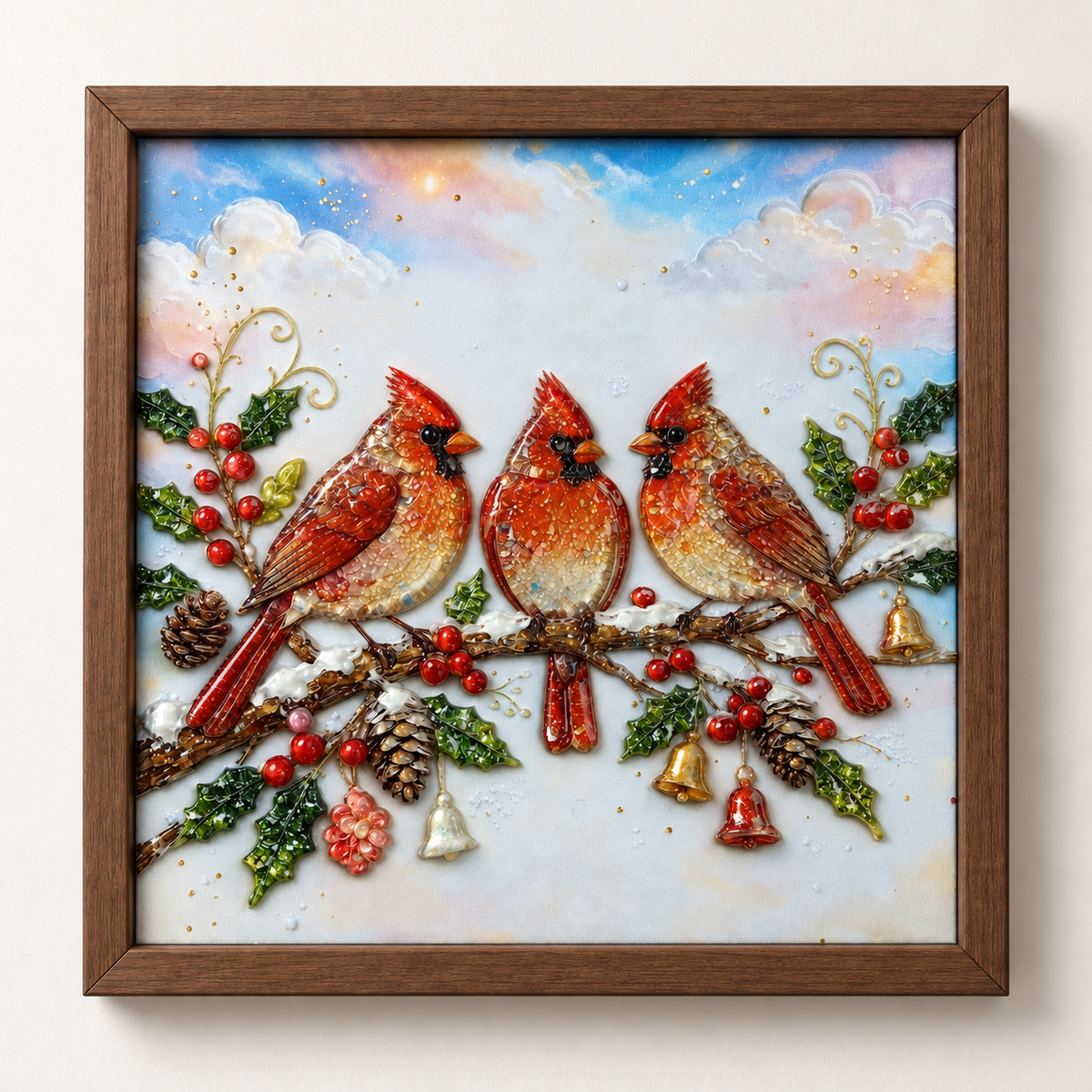 Winter Cardinals framed UV-relief art — 08 studio relief proof
