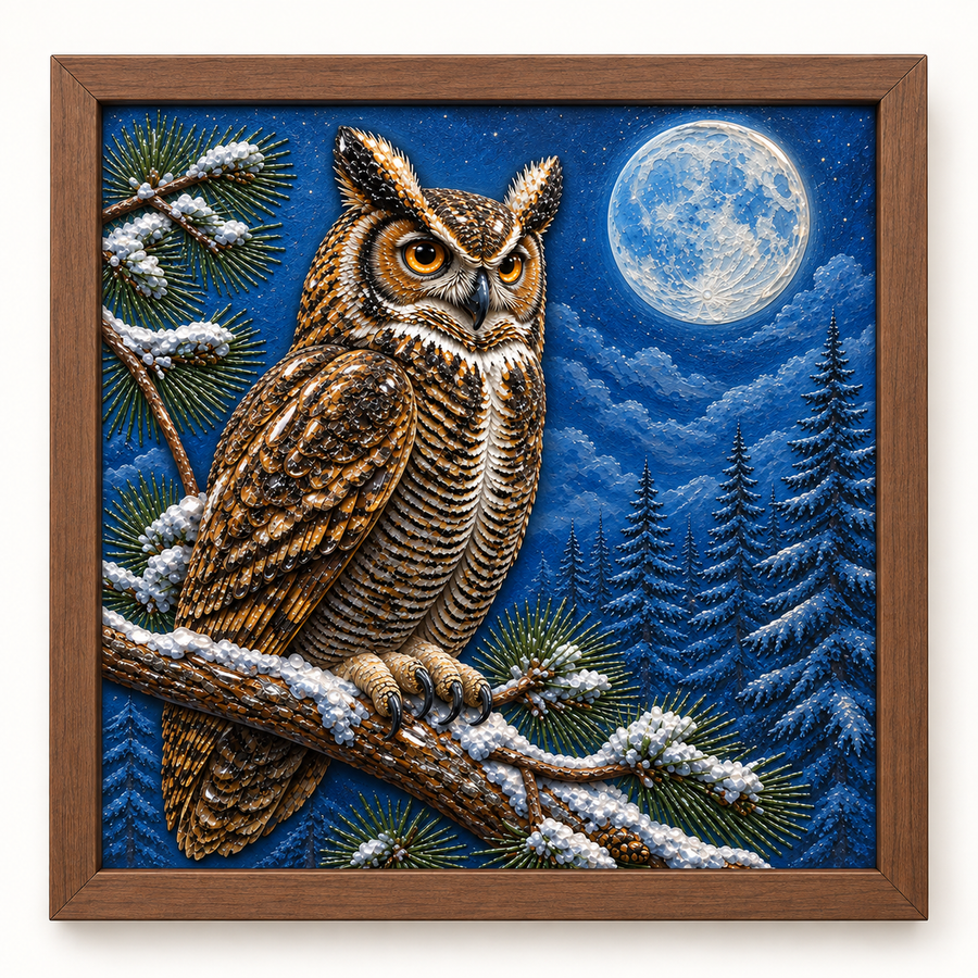 Winter Woodland Owl framed UV-relief art — front studio view