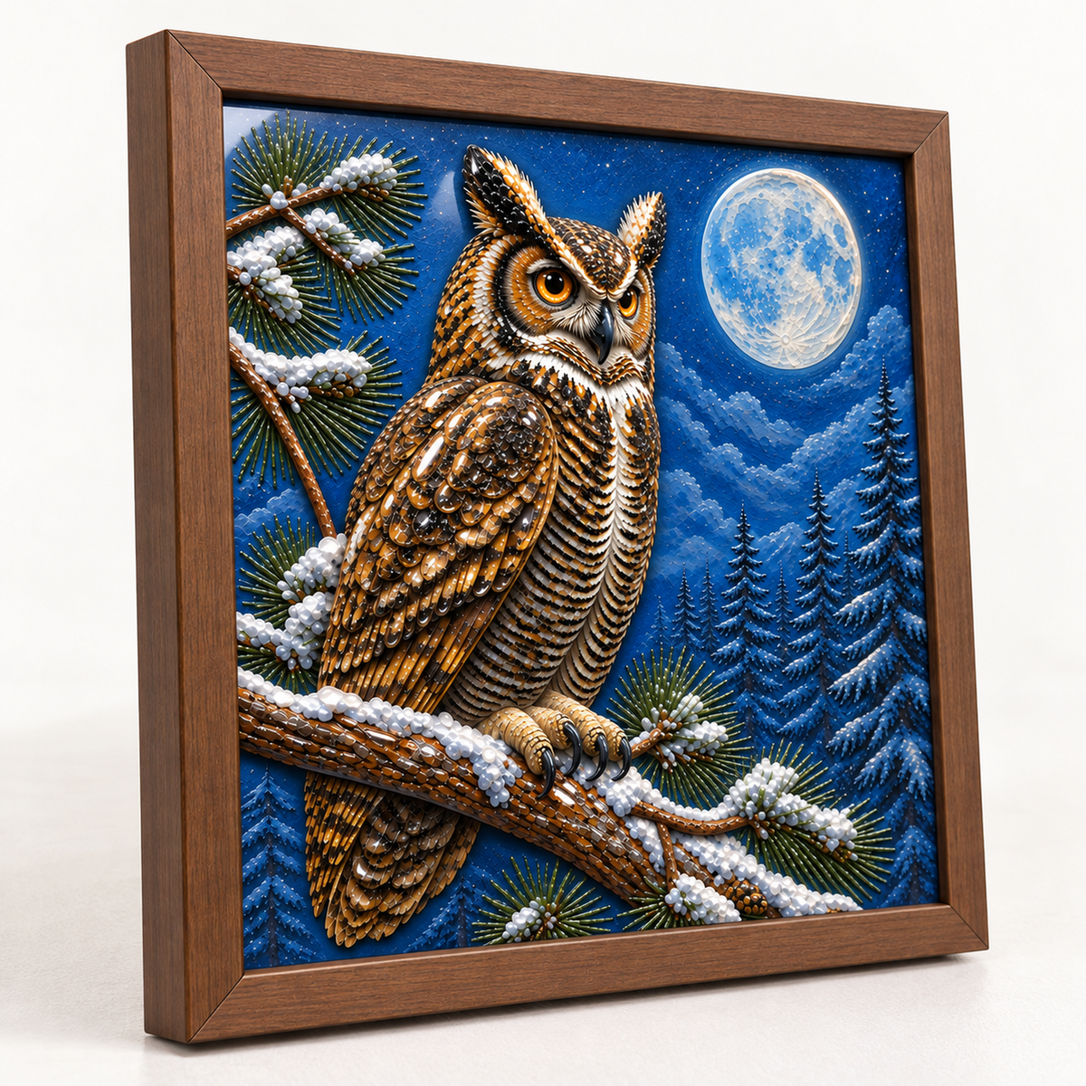 Winter Woodland Owl framed UV-relief art — 02 relief angle
