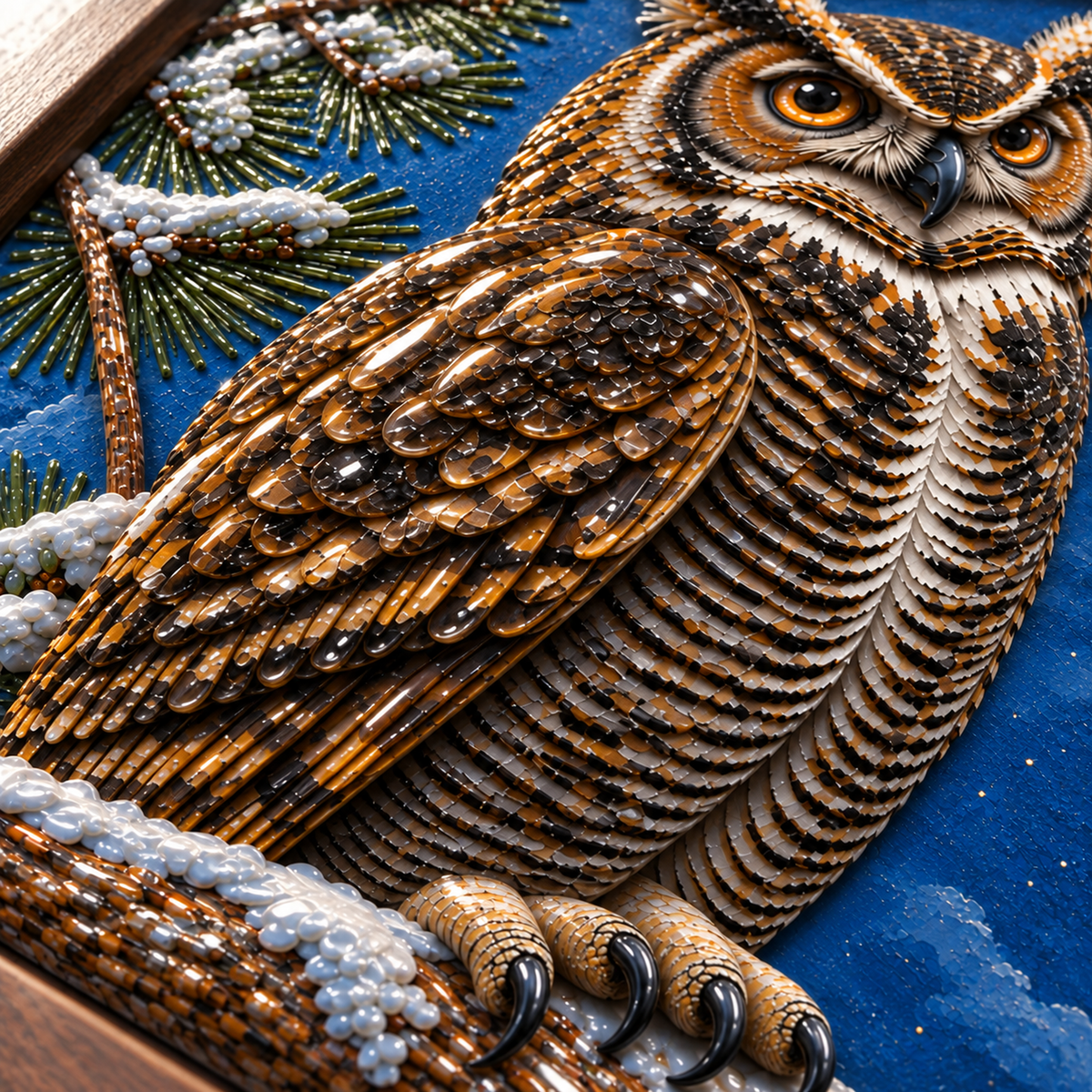 Winter Woodland Owl framed UV-relief art — 03 material detail