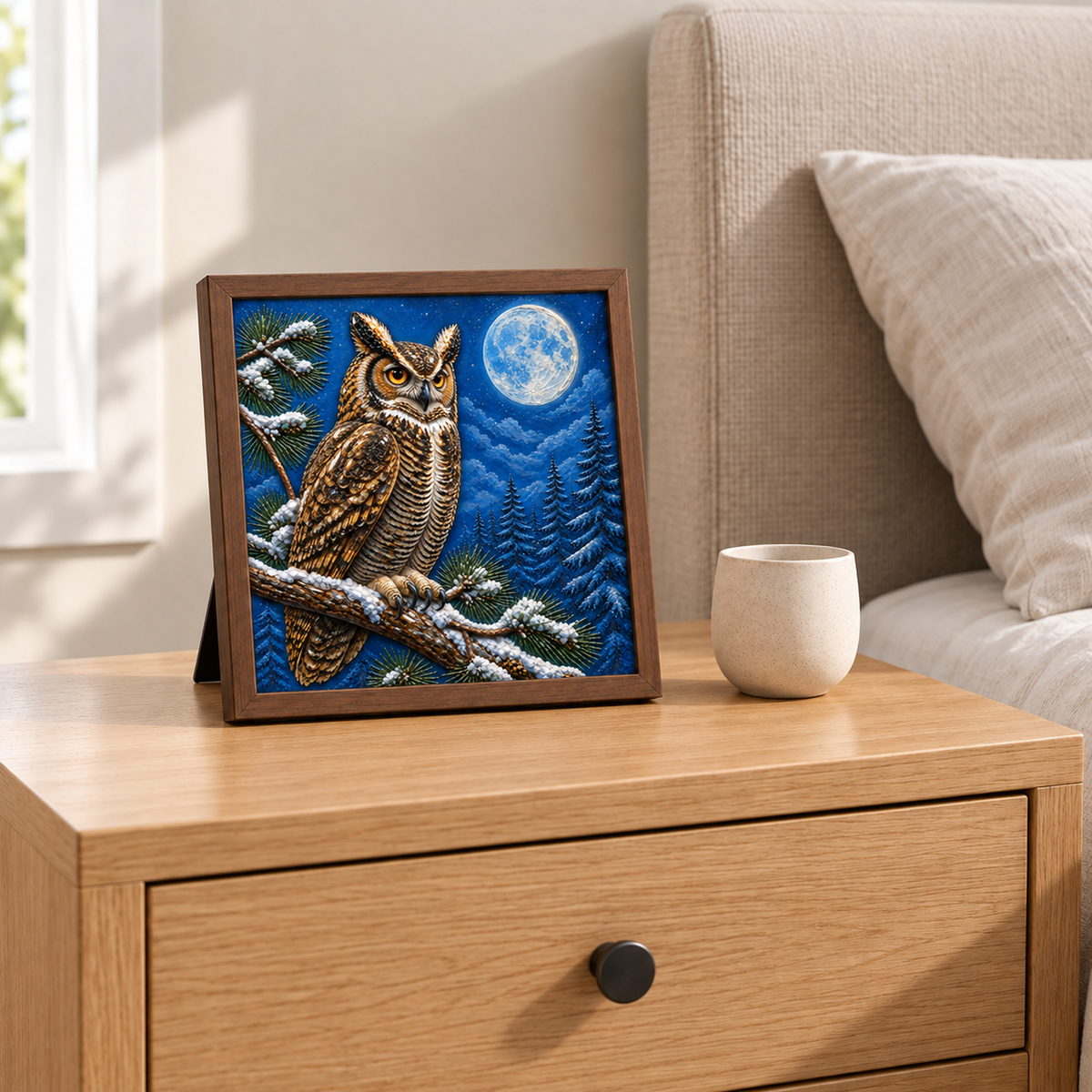 Winter Woodland Owl framed UV-relief art — 04 tabletop close