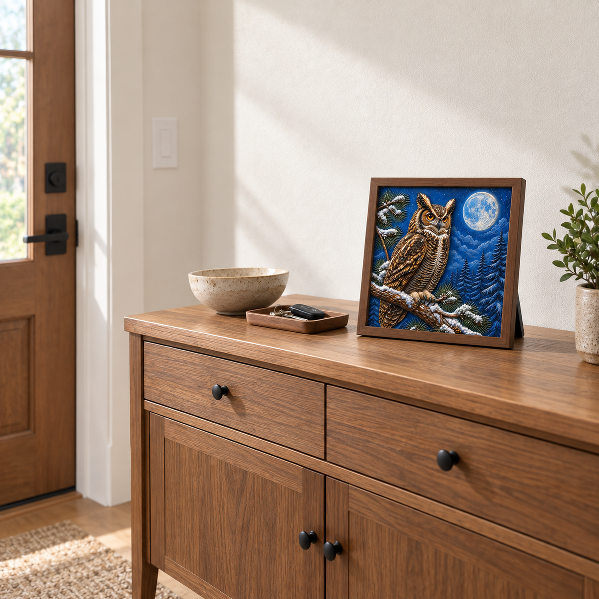 Winter Woodland Owl framed UV-relief art — 05 tabletop wide