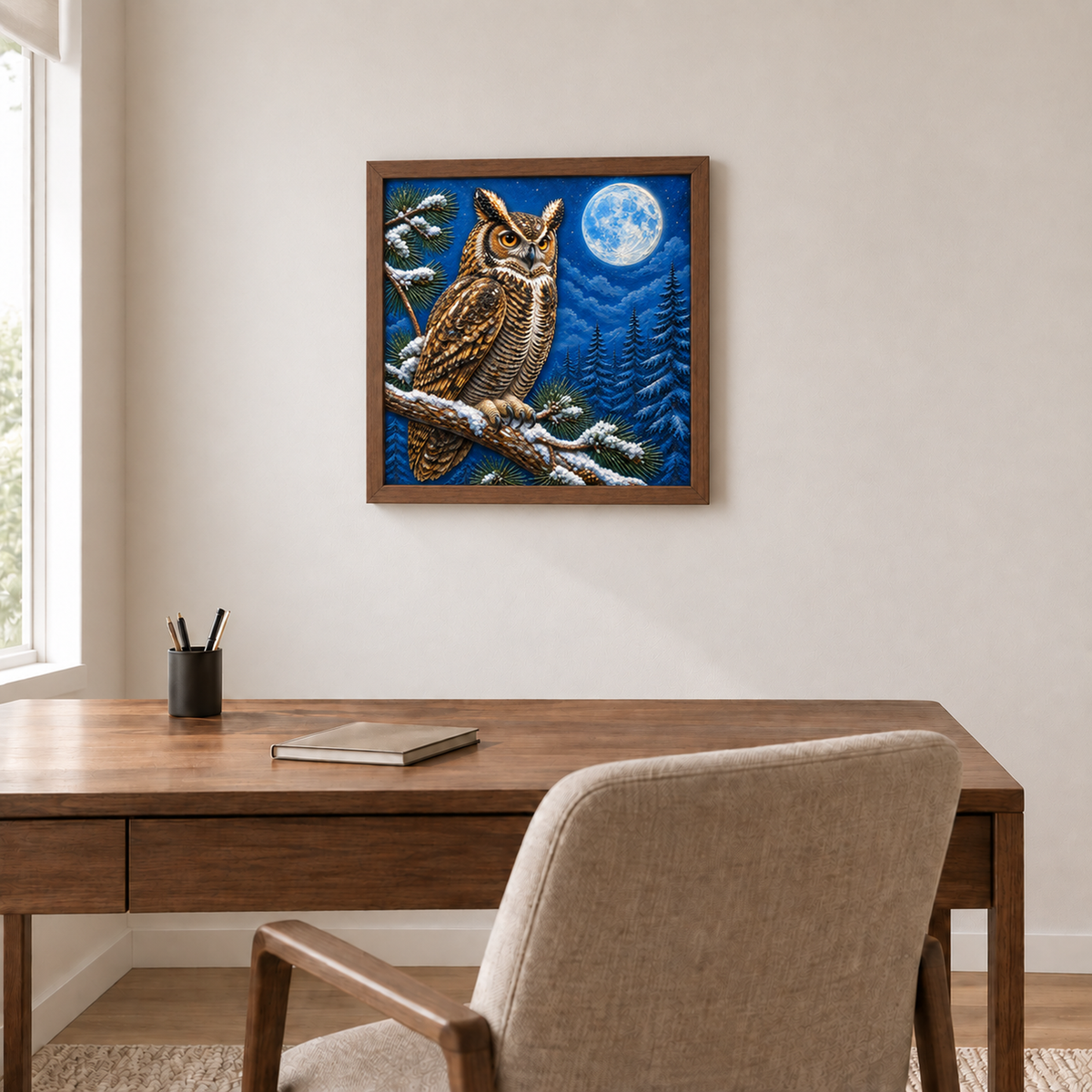 Winter Woodland Owl framed UV-relief art — 06 wall medium