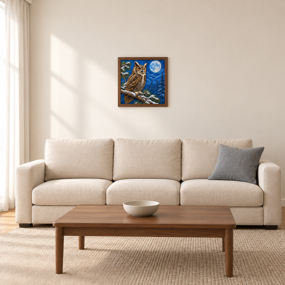 Winter Woodland Owl framed UV-relief art — 07 wall wide