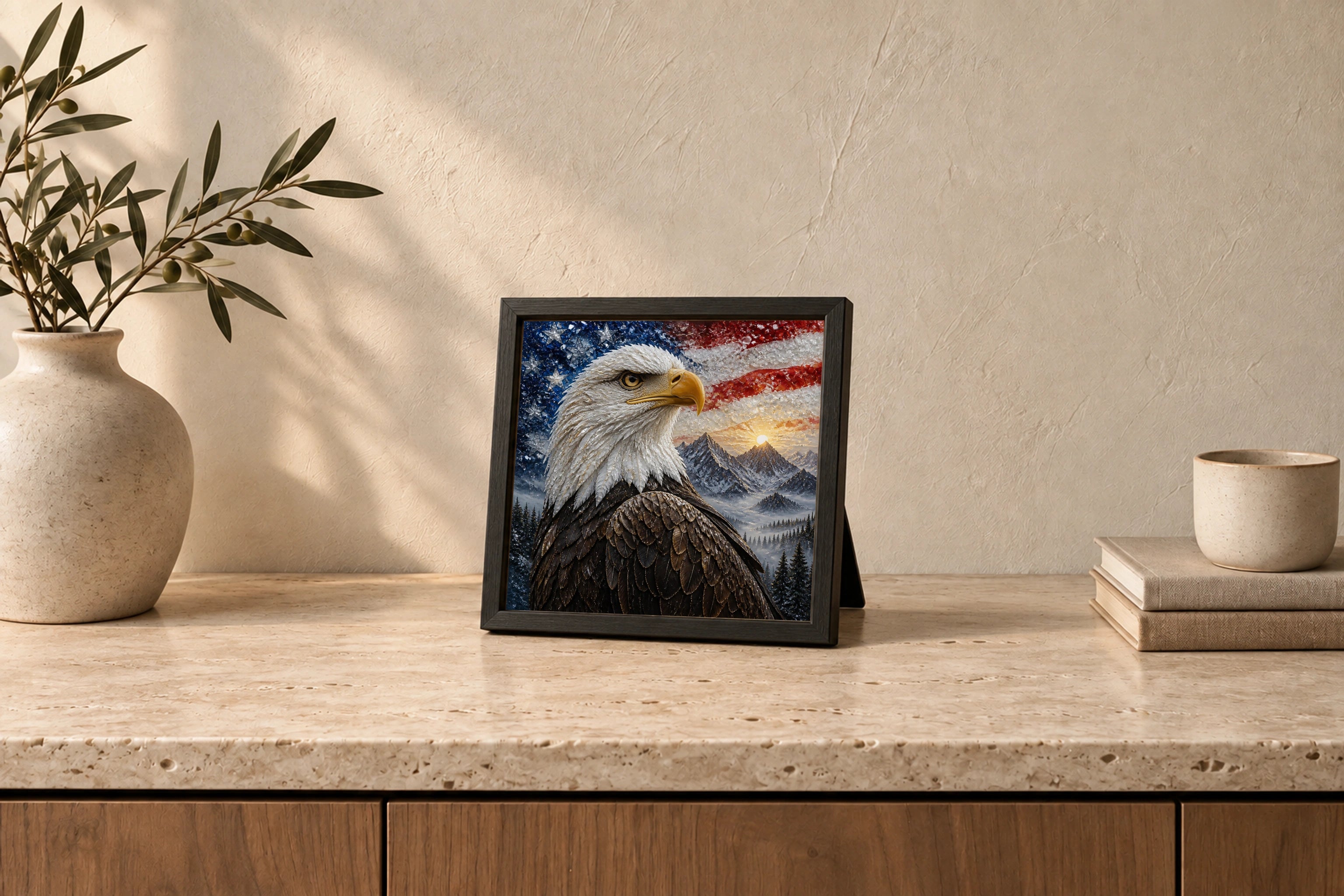 Bald Eagle shown to approximate scale in a warm minimalist room
