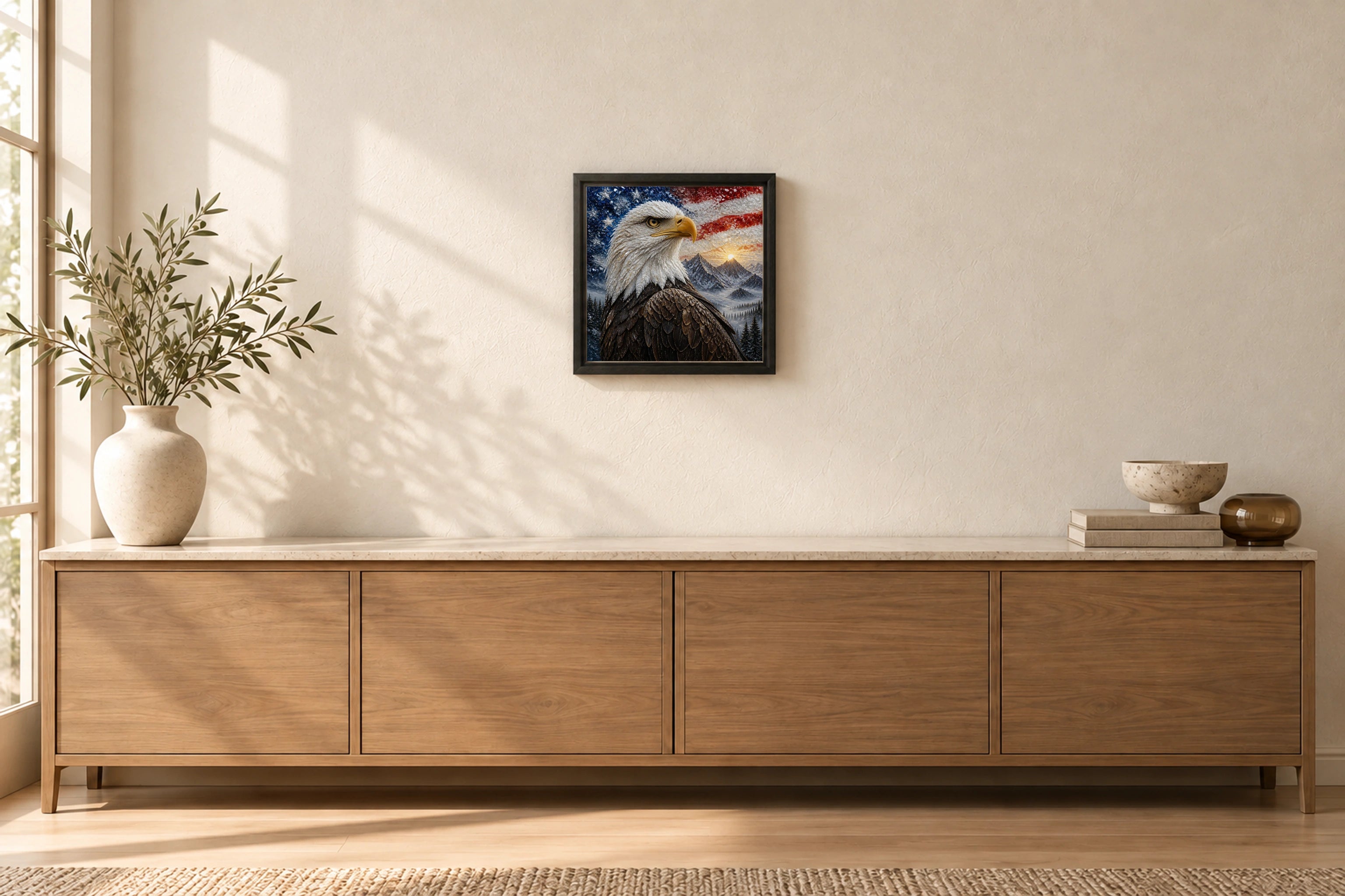 Bald Eagle shown to approximate scale in a warm minimalist room