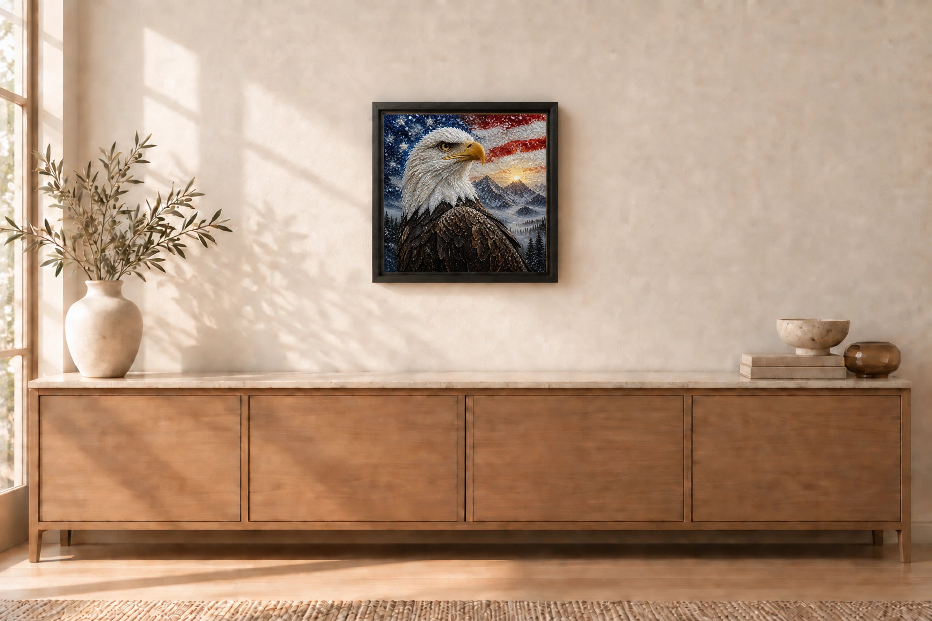 Bald Eagle shown to approximate scale in a warm minimalist room