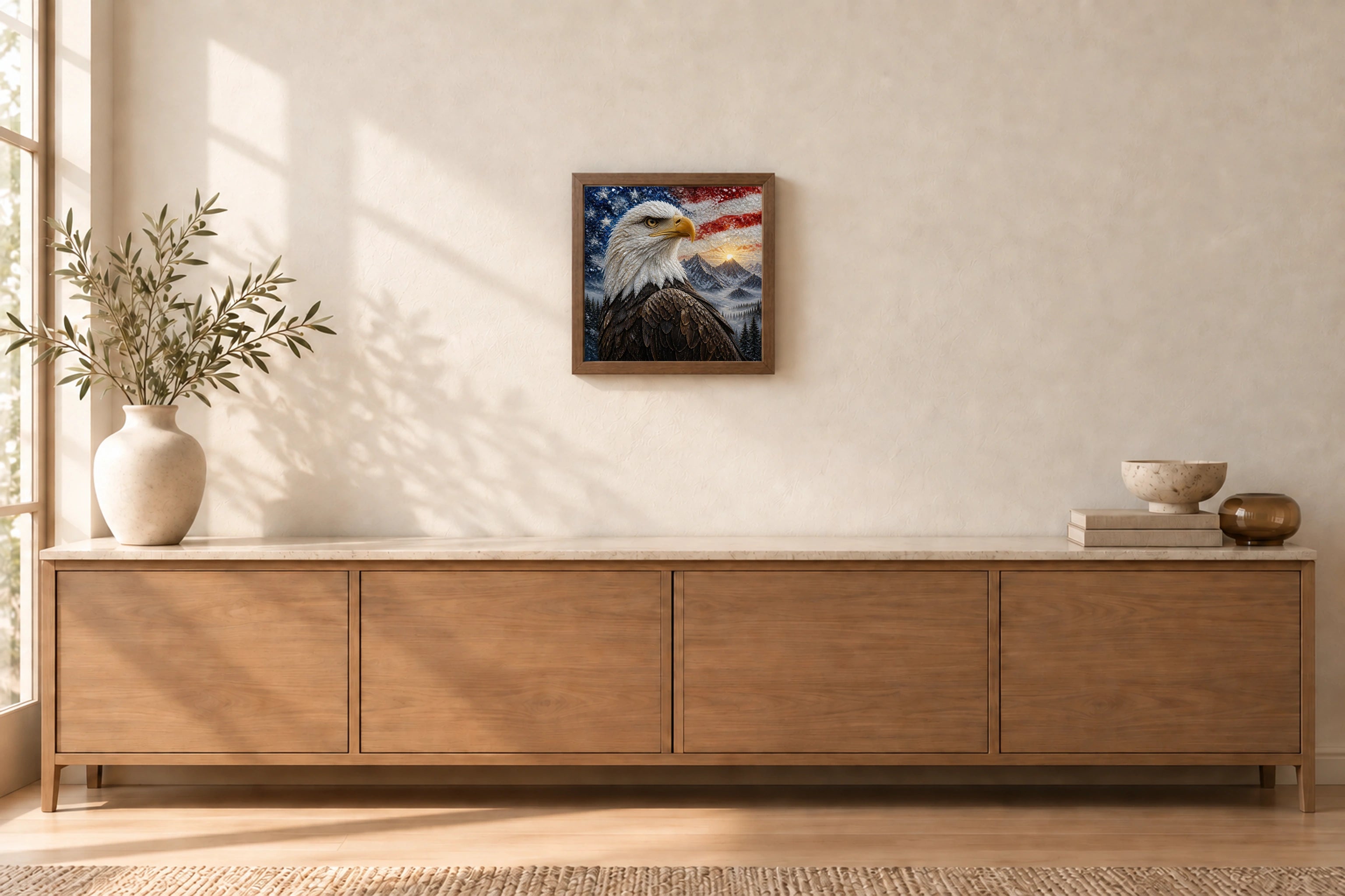 Bald Eagle shown to approximate scale in a warm minimalist room