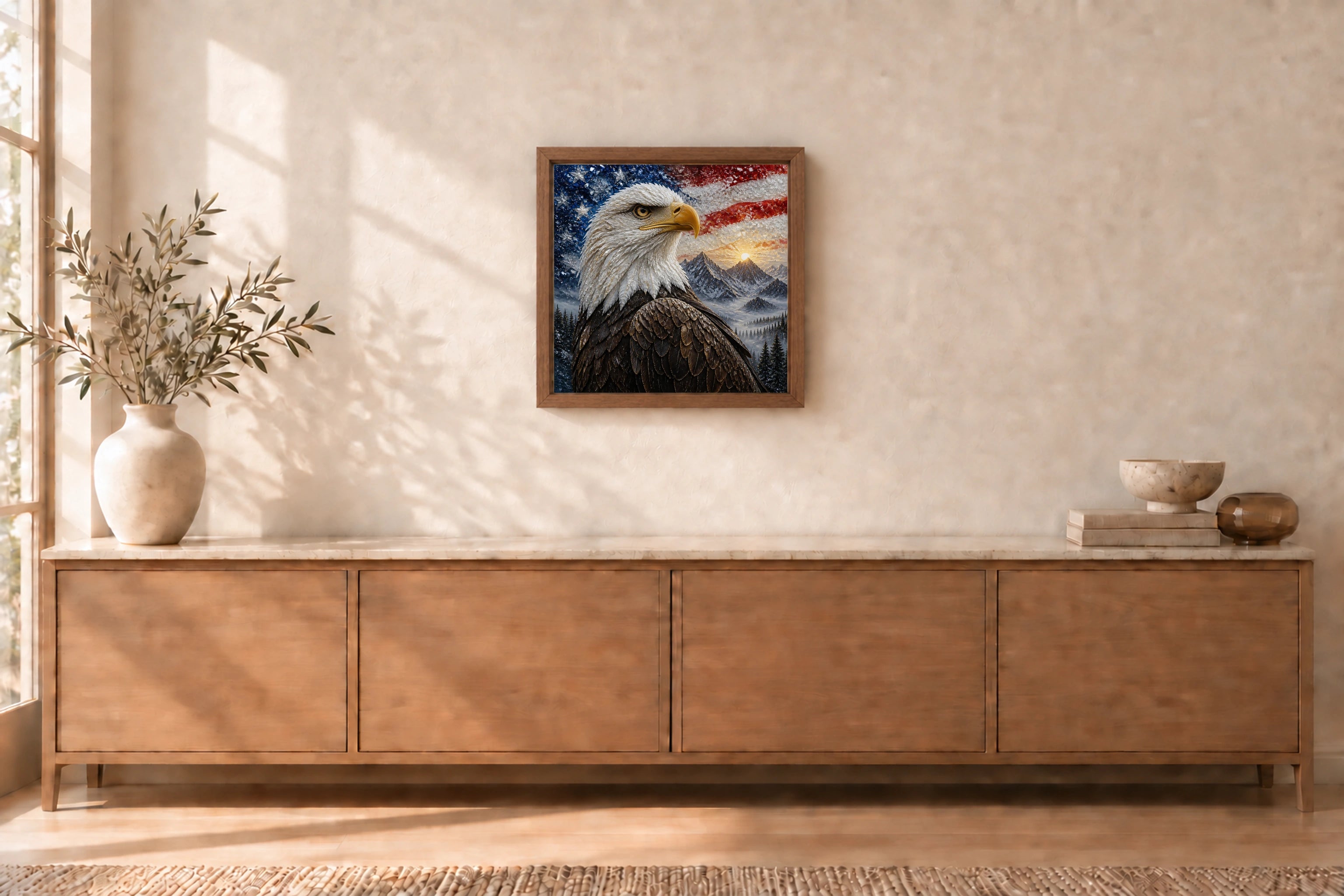 Bald Eagle shown to approximate scale in a warm minimalist room
