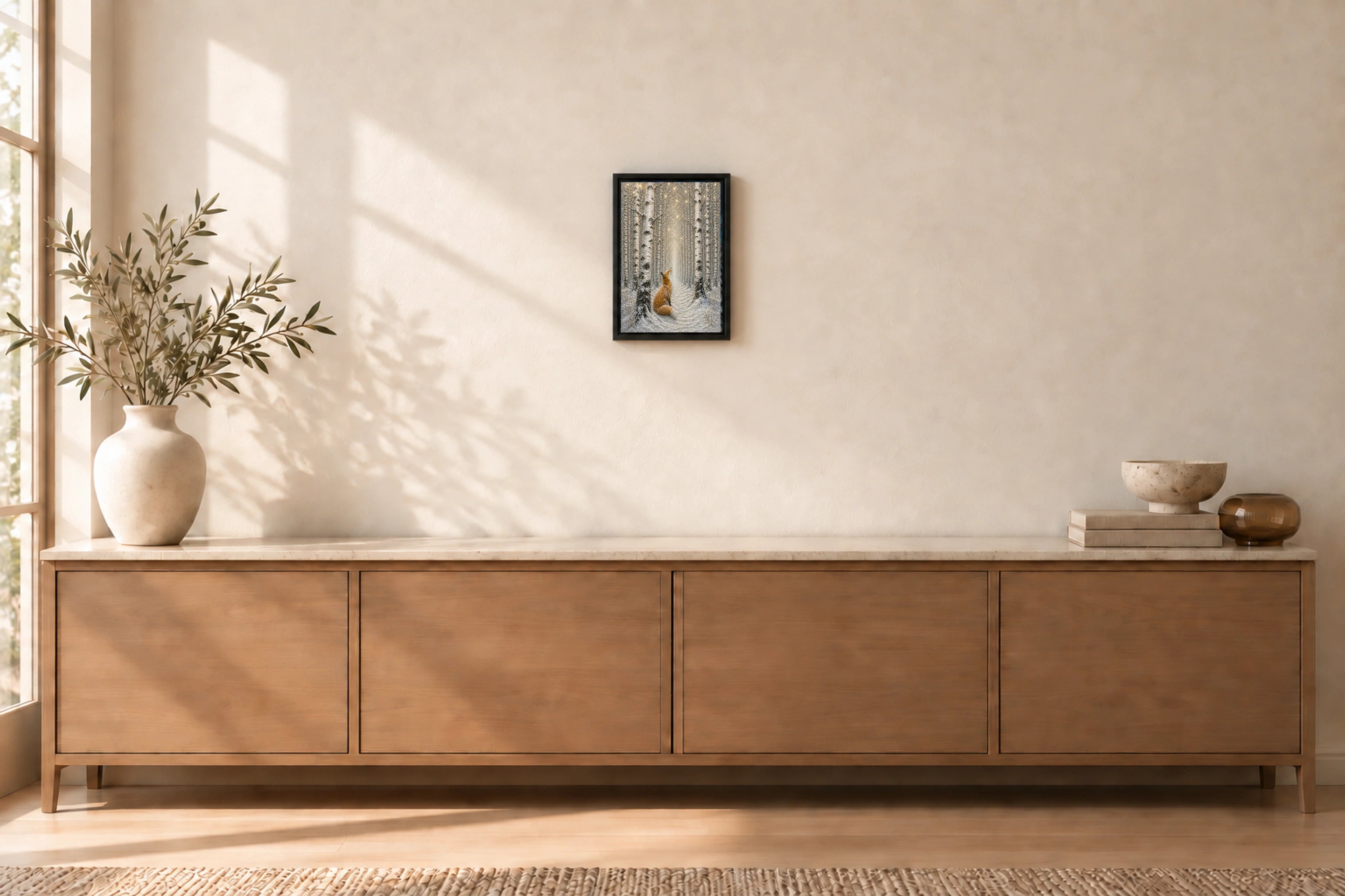 Birch Forest Fox shown to approximate scale in a warm minimalist room
