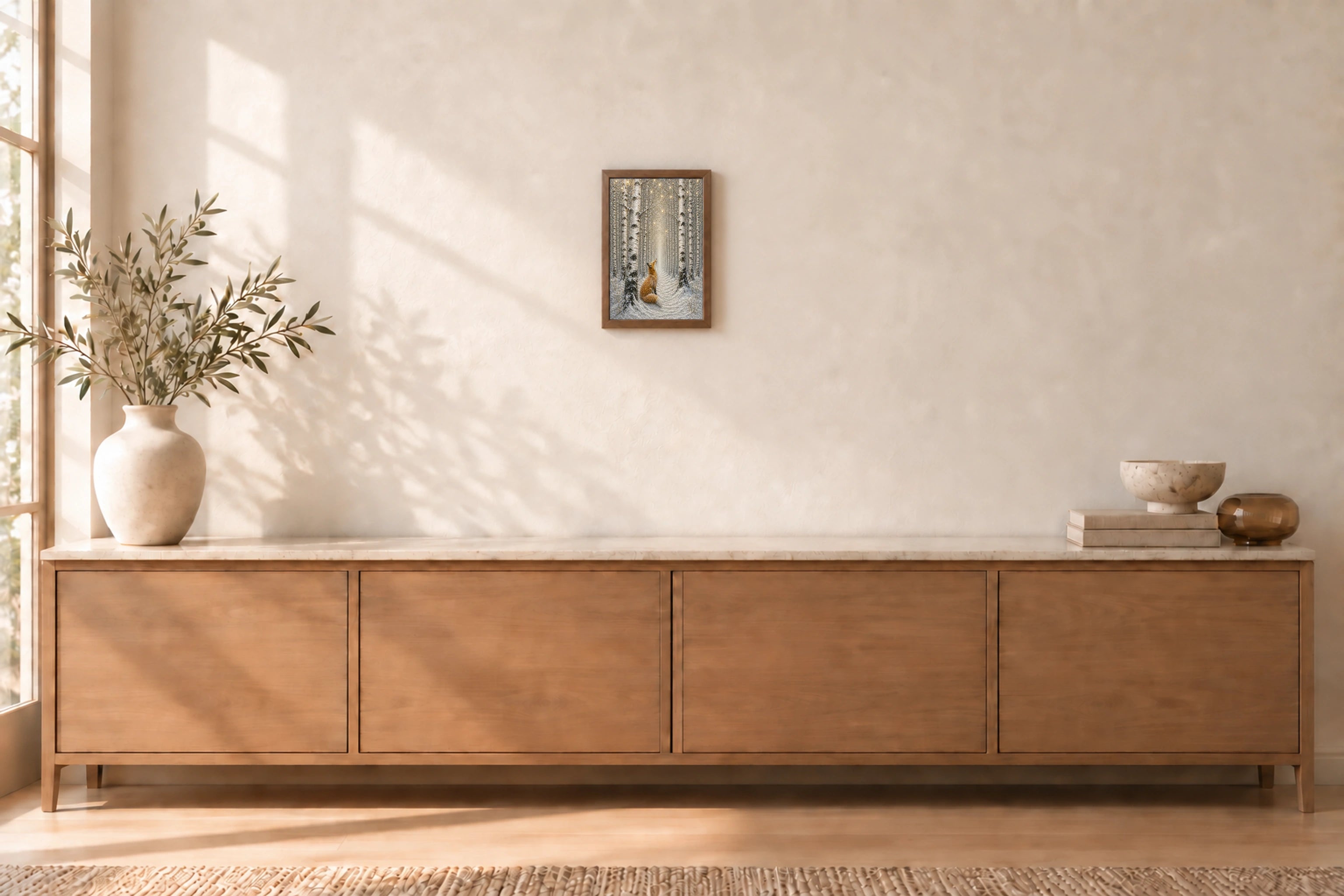 Birch Forest Fox shown to approximate scale in a warm minimalist room