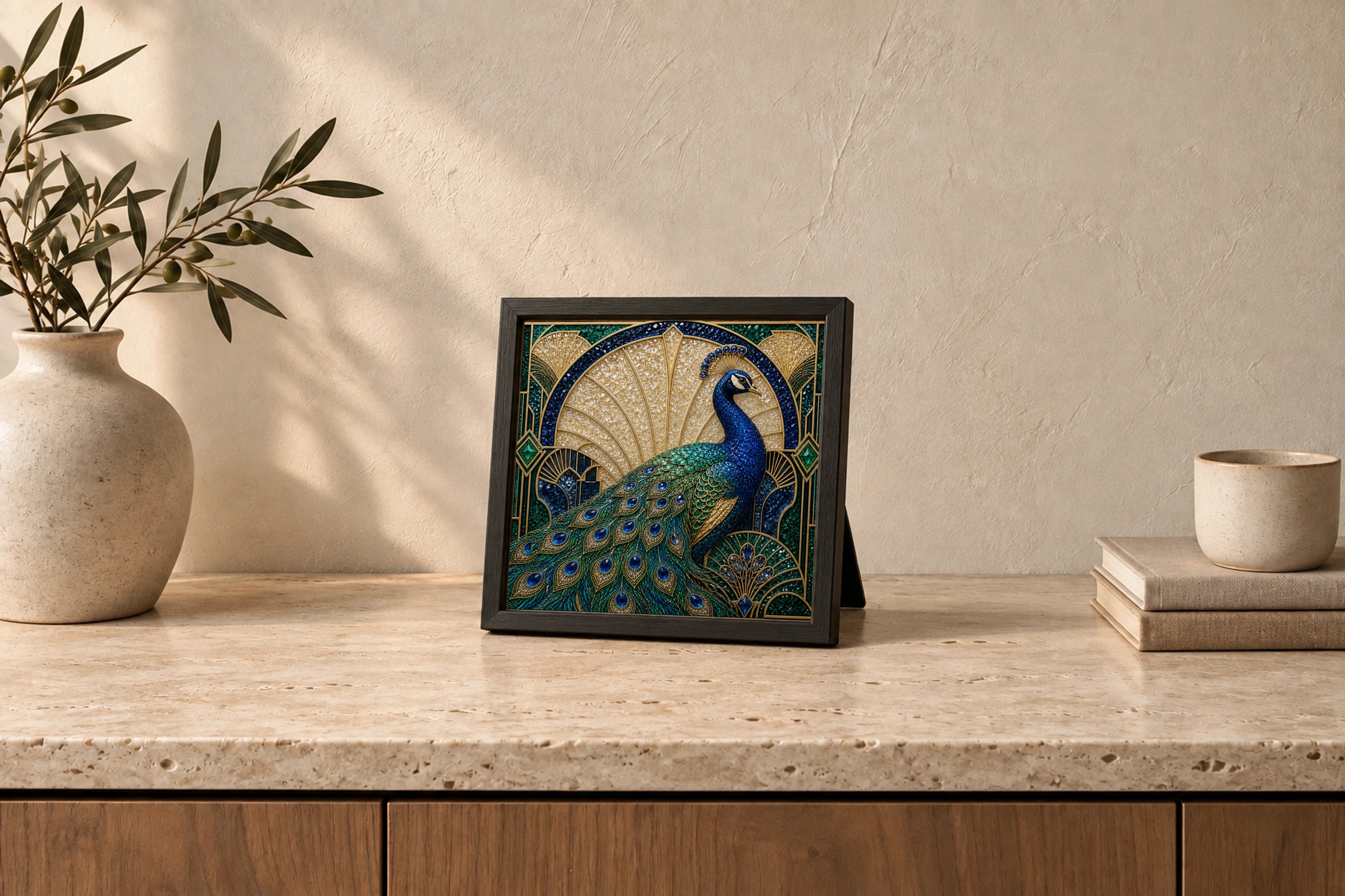 Blue &amp; Gold Peacock shown to approximate scale in a warm minimalist room