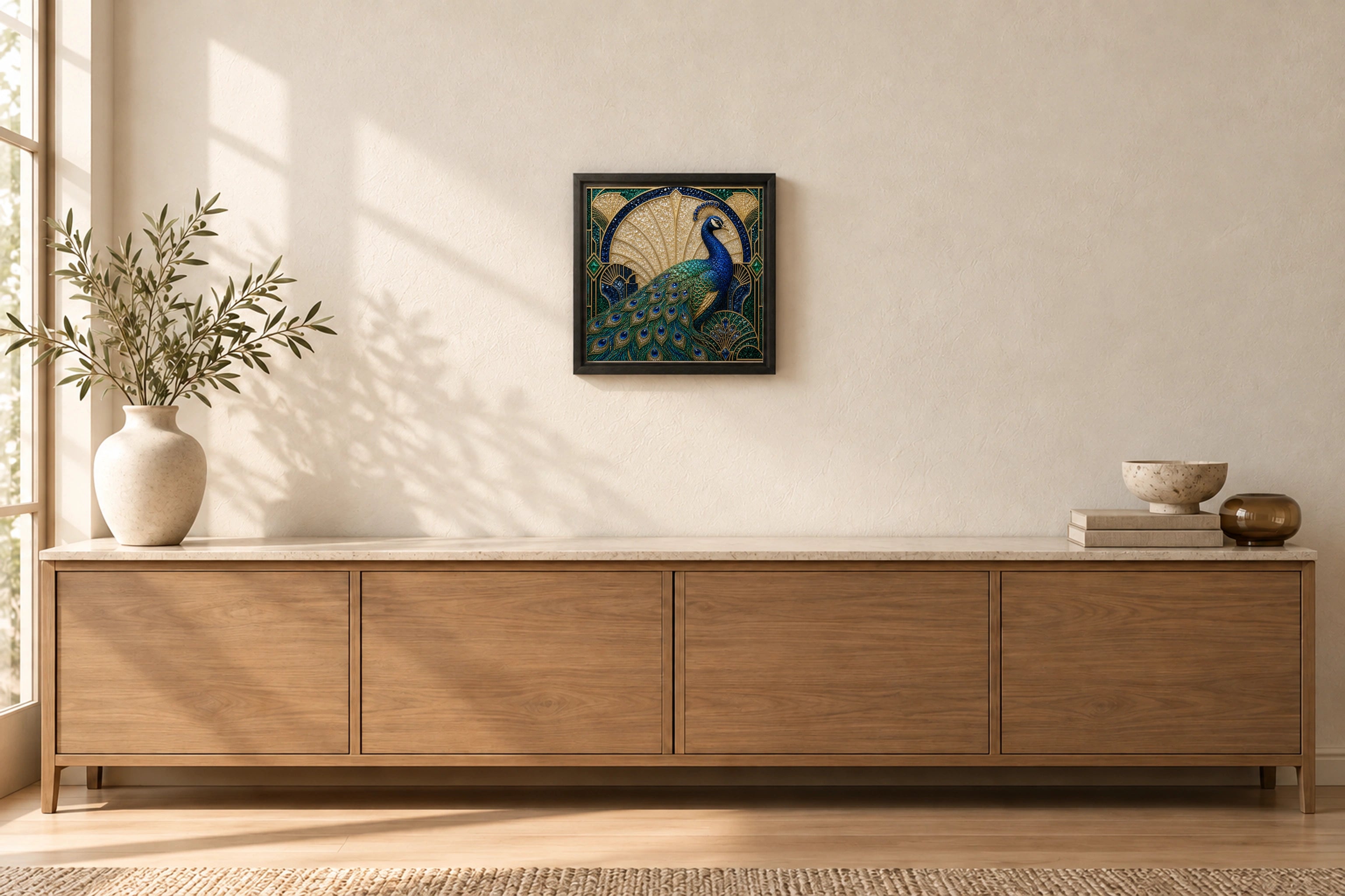 Blue &amp; Gold Peacock shown to approximate scale in a warm minimalist room