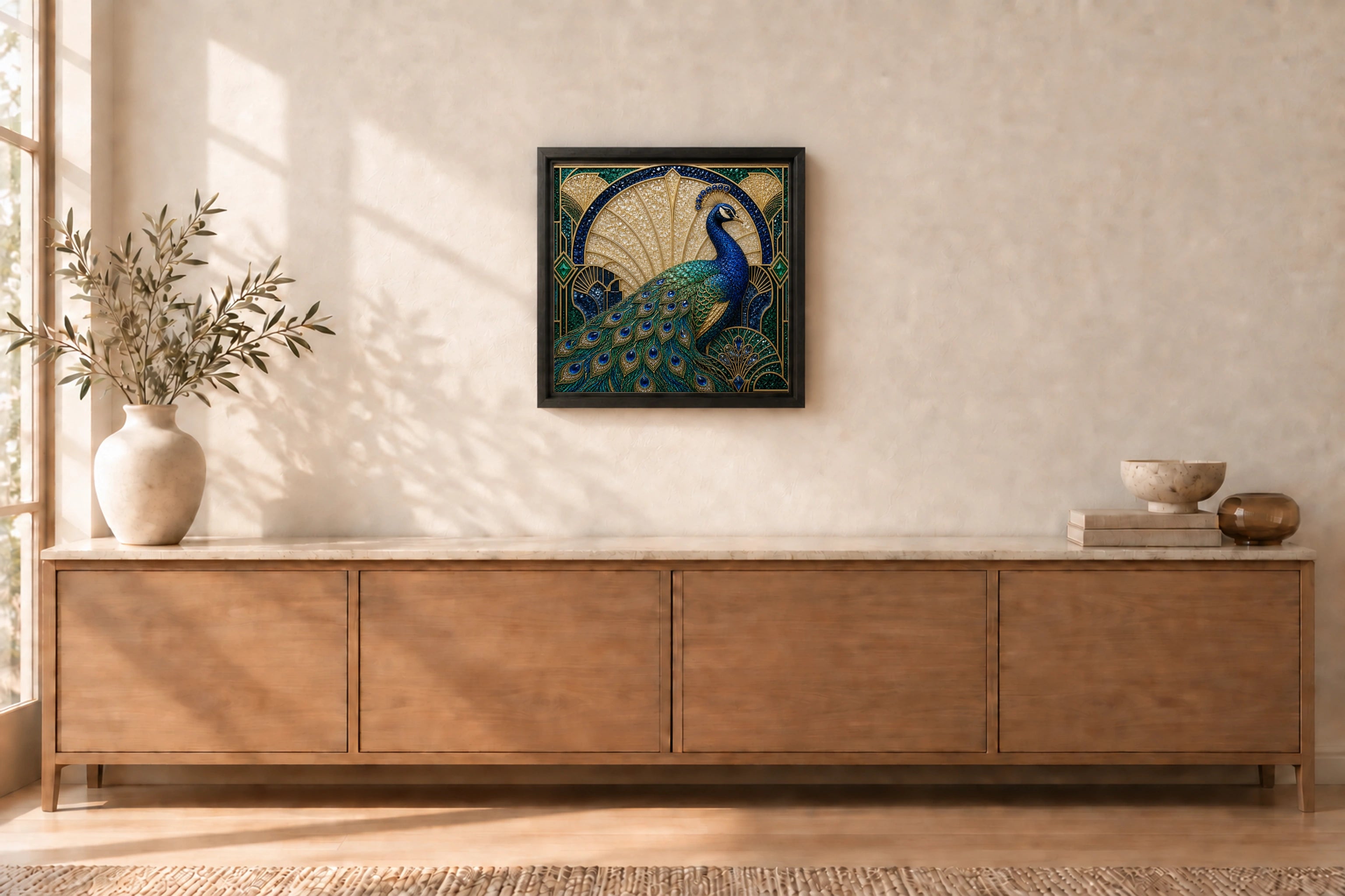 Blue &amp; Gold Peacock shown to approximate scale in a warm minimalist room