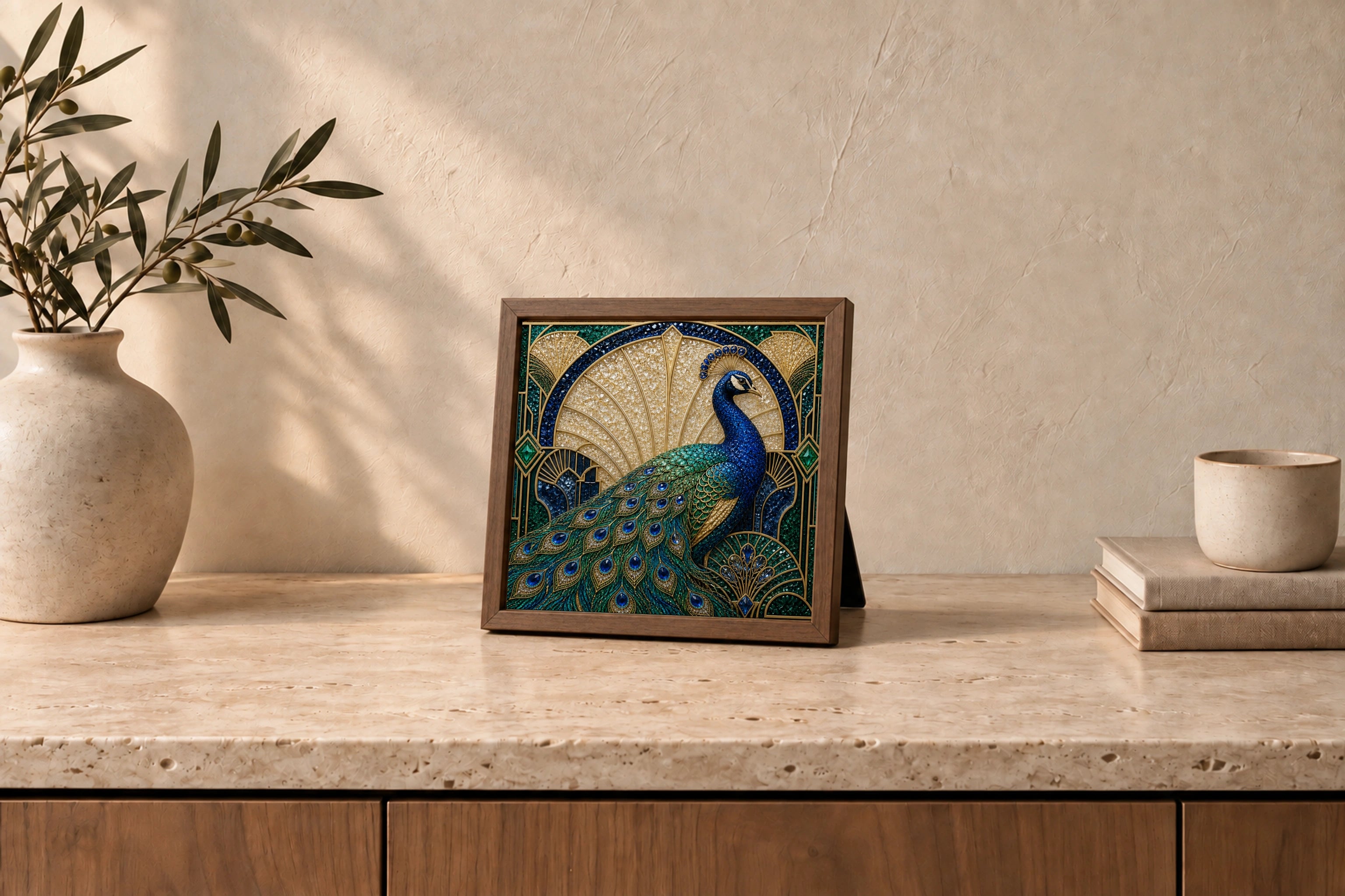 Blue &amp; Gold Peacock shown to approximate scale in a warm minimalist room