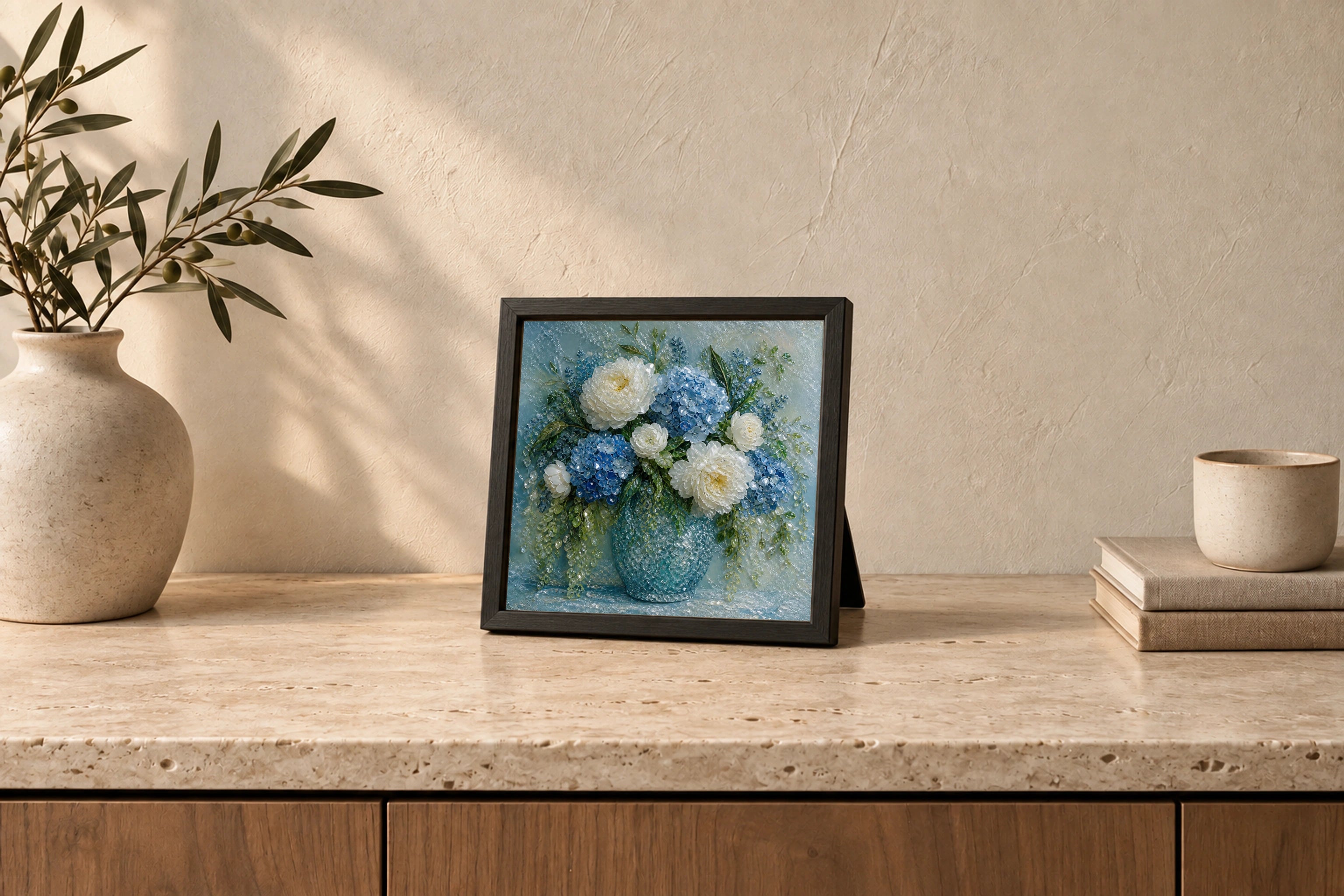 Blue Hydrangea &amp; White Peonies shown to approximate scale in a warm minimalist room