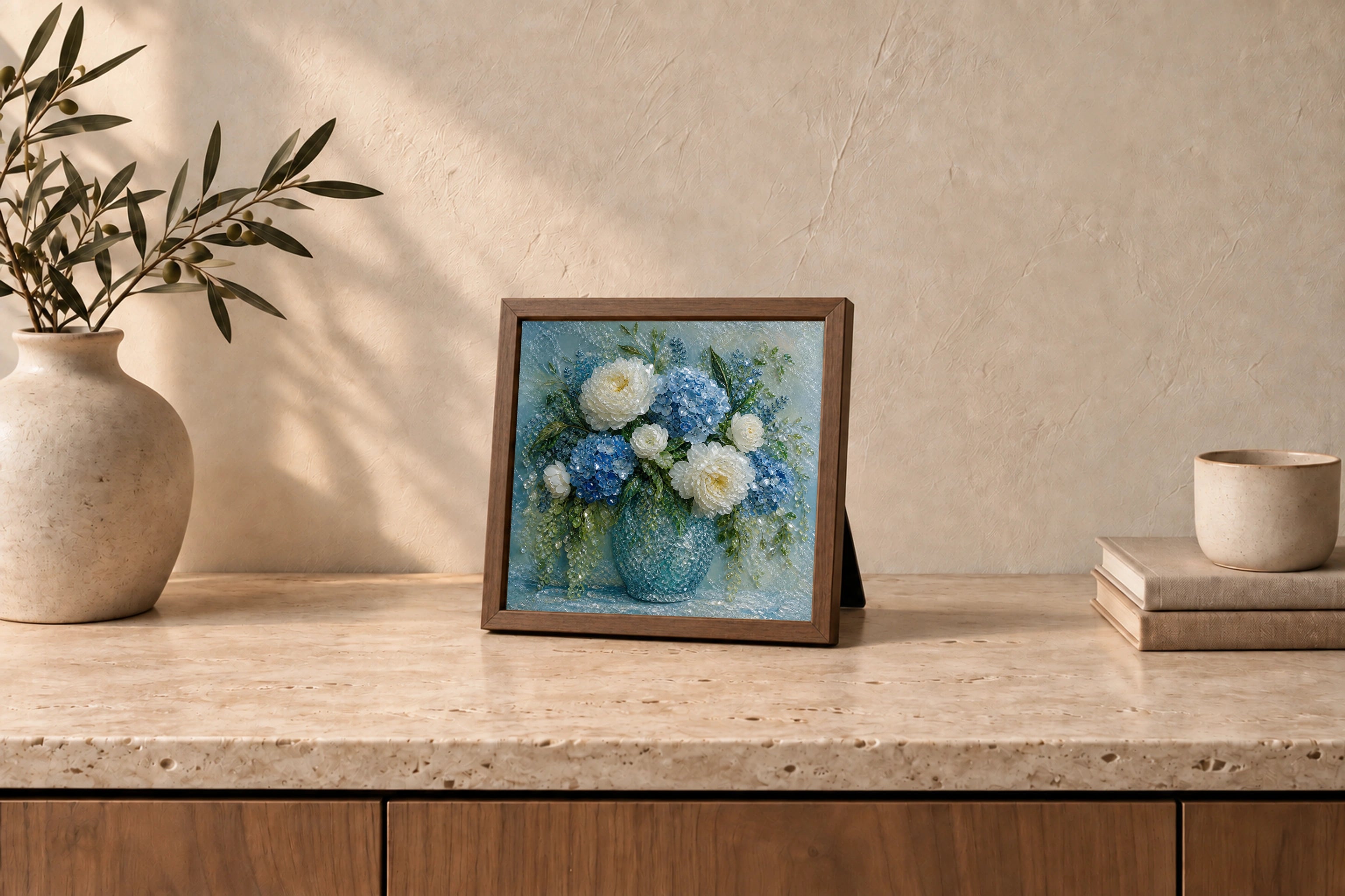 Blue Hydrangea &amp; White Peonies shown to approximate scale in a warm minimalist room