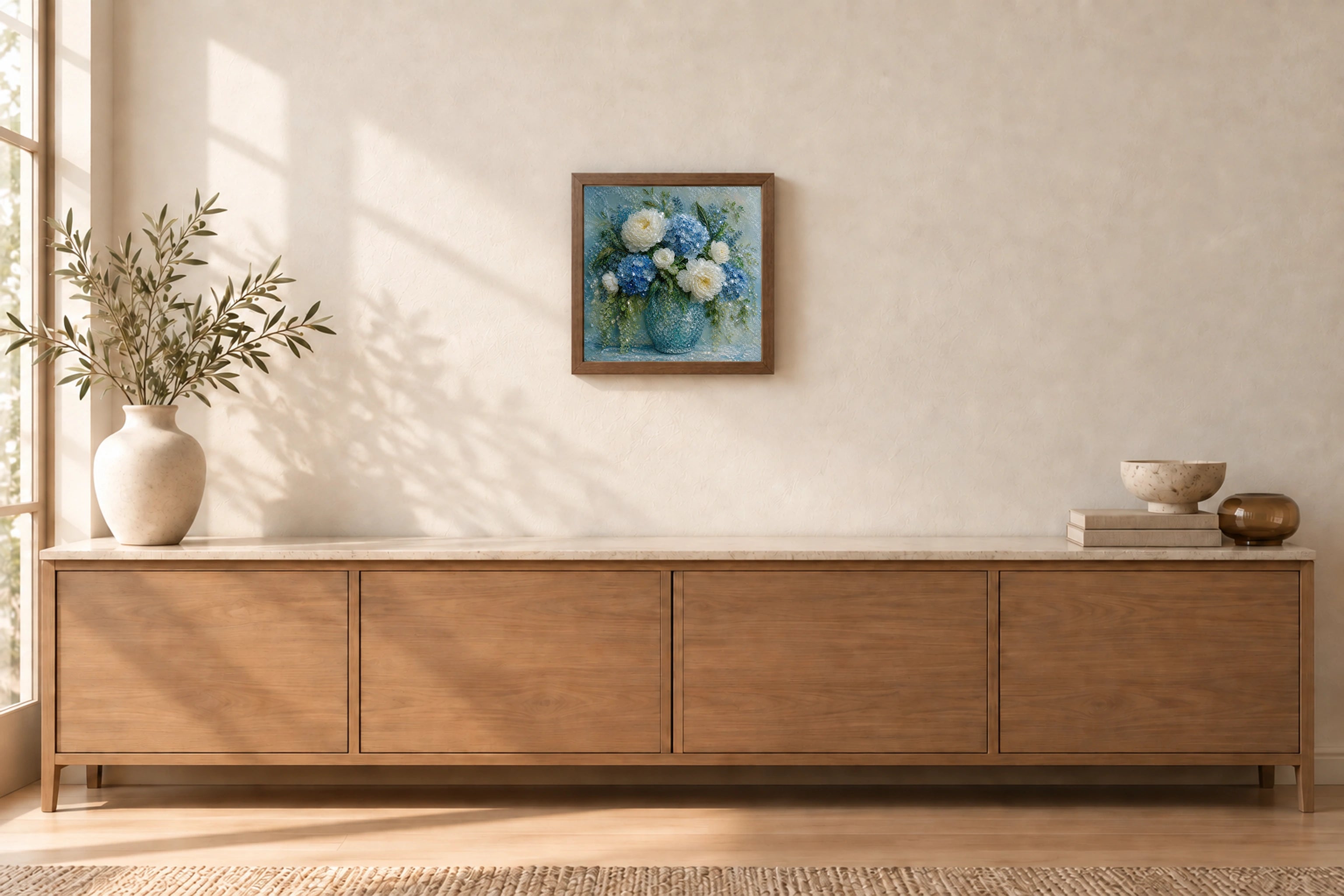 Blue Hydrangea &amp; White Peonies shown to approximate scale in a warm minimalist room